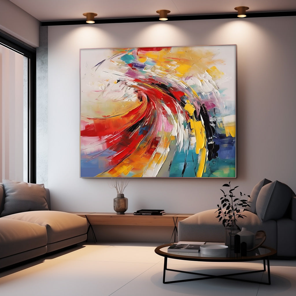Bright Modern Abstract Canvas Painting Big Texture Colorful Abstract Wall Art Framed For Living Room