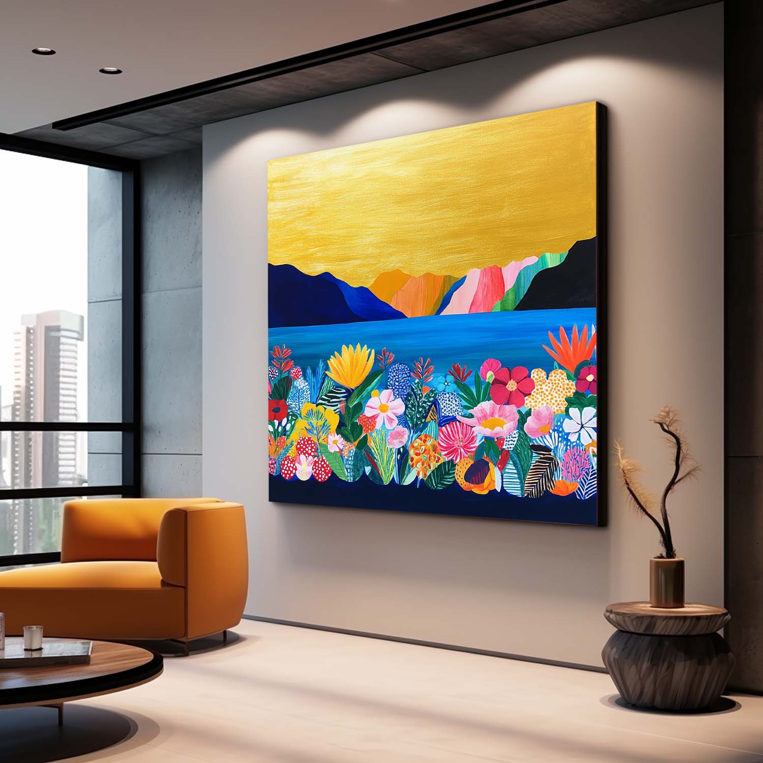 Floral Painting on Canvas Large Illustration style Wall Art Original Flower Bush Botanical Square Artwork