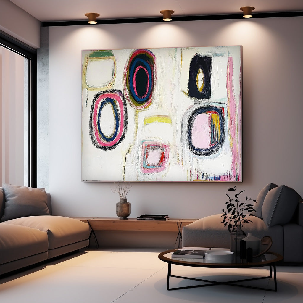 White Abstract Handmade Oil Painting Modern Colorful Artwork Original Irregular Geometric Circles Wall Art