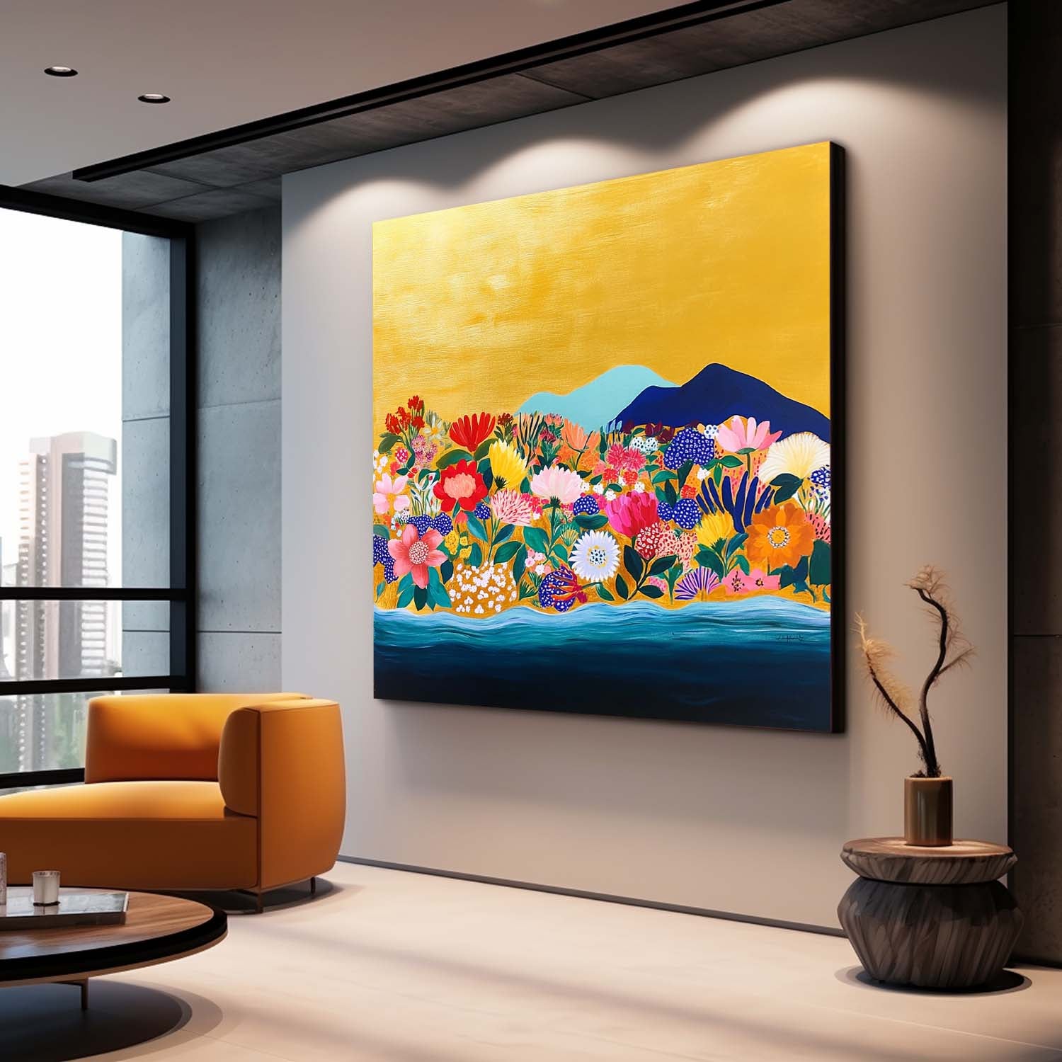 Original Flower Bush Botanical Square Artwork Floral Painting on Canvas Large Illustration style Wall Art