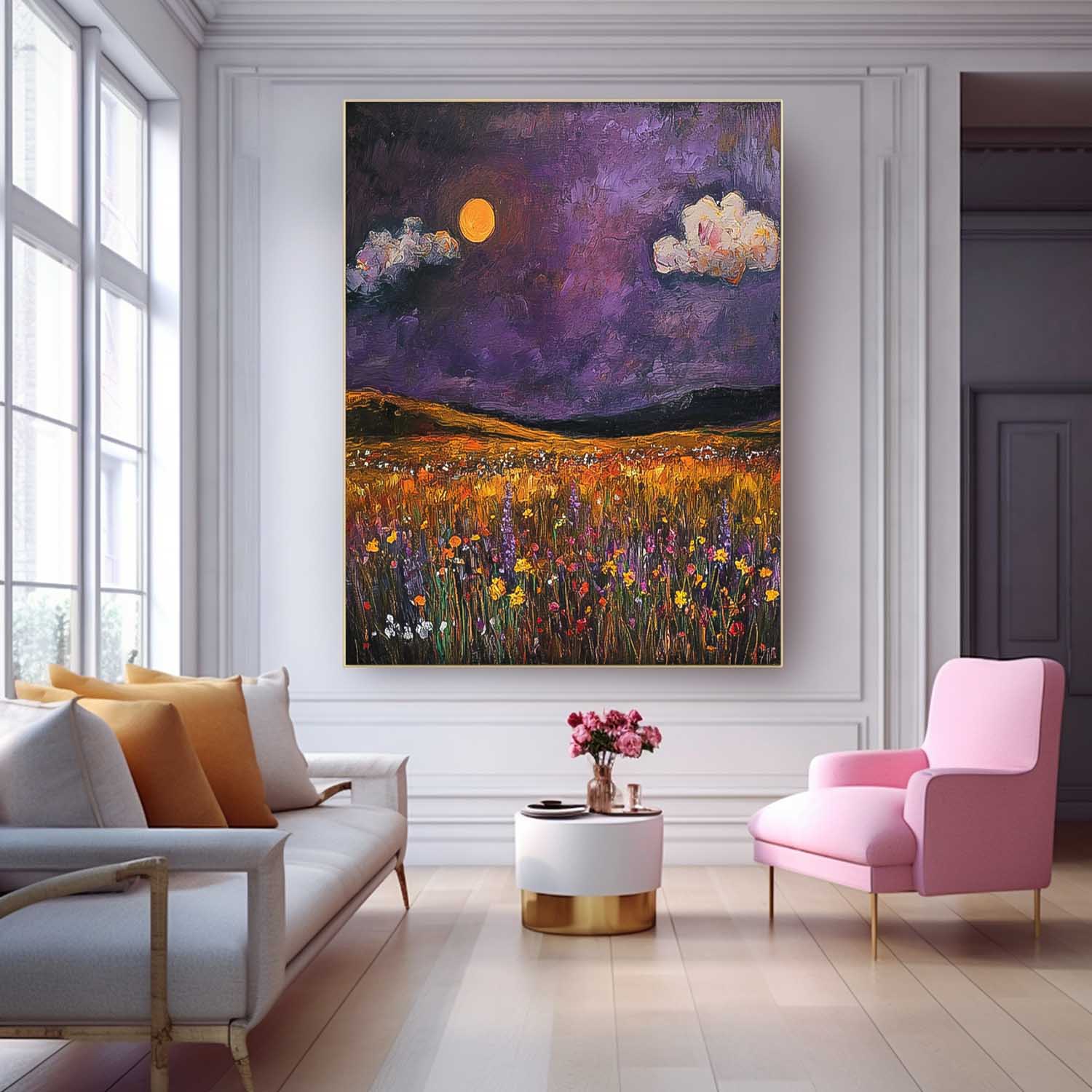 Large Spring Wall Art Original Landscape Oil Painting Abstract Purple Scenery Painting Living Room Decor