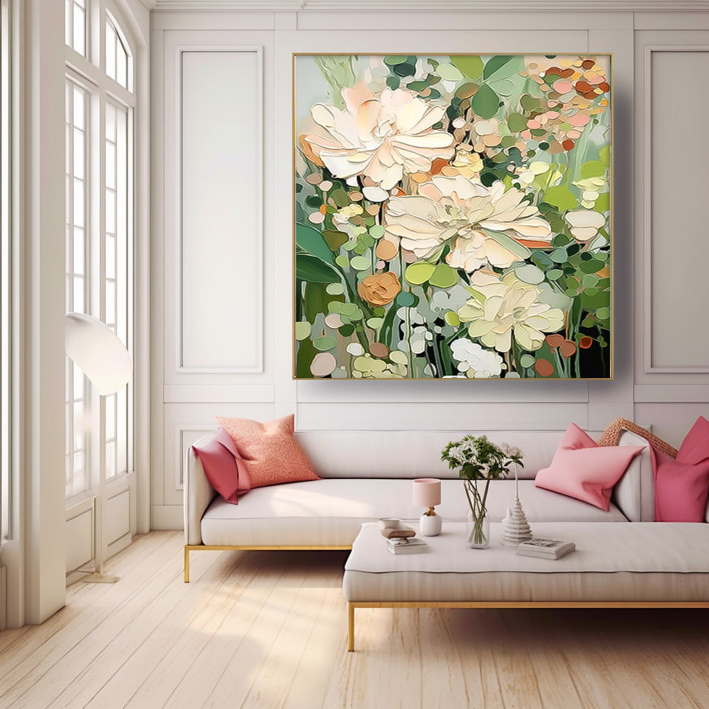 Square Contemporary Floral Painting Extra Large Textured Abstract Flower Paintings Framed Artwork