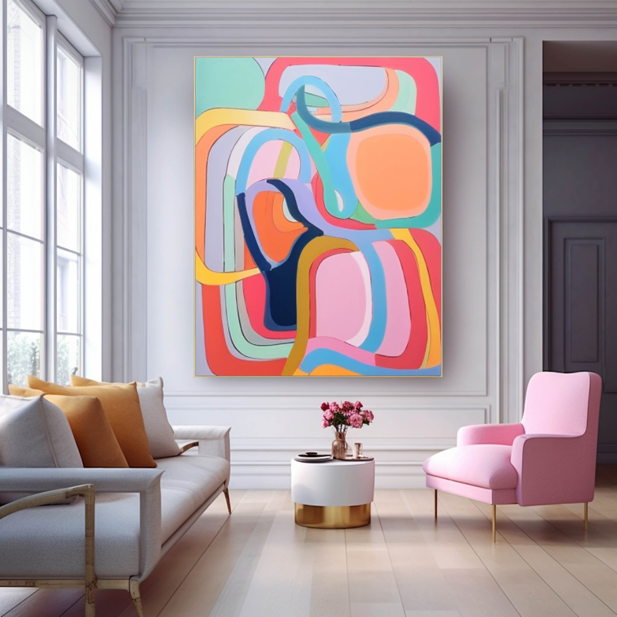 Extra Large Canvas Art Pink Line Original Abstract Oil Painting Modern Wall Art Home Decor