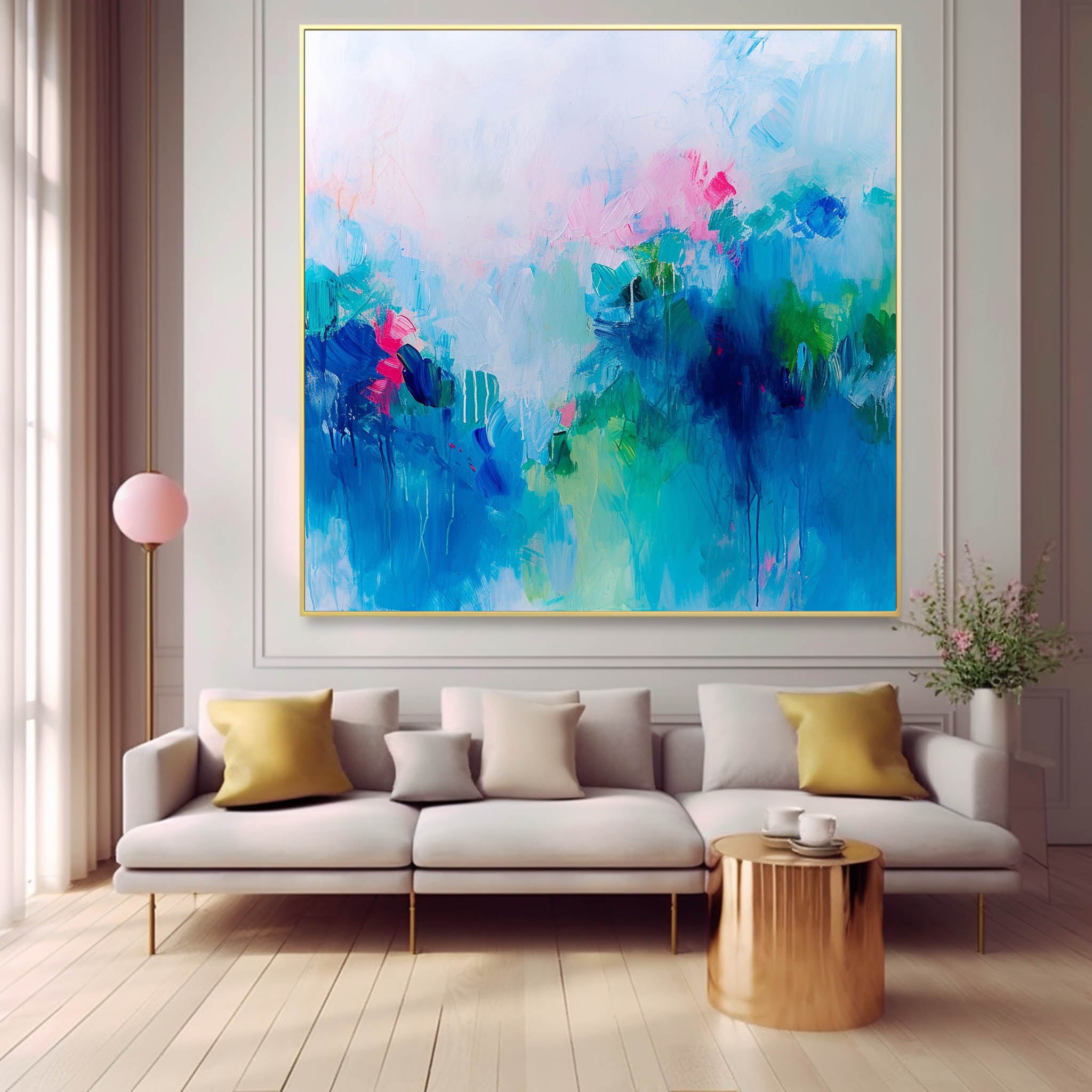 Framed Abstract Wall Art Original Abstract Ink Painting For Sale Warm Blue Painting Canvas For Living Room