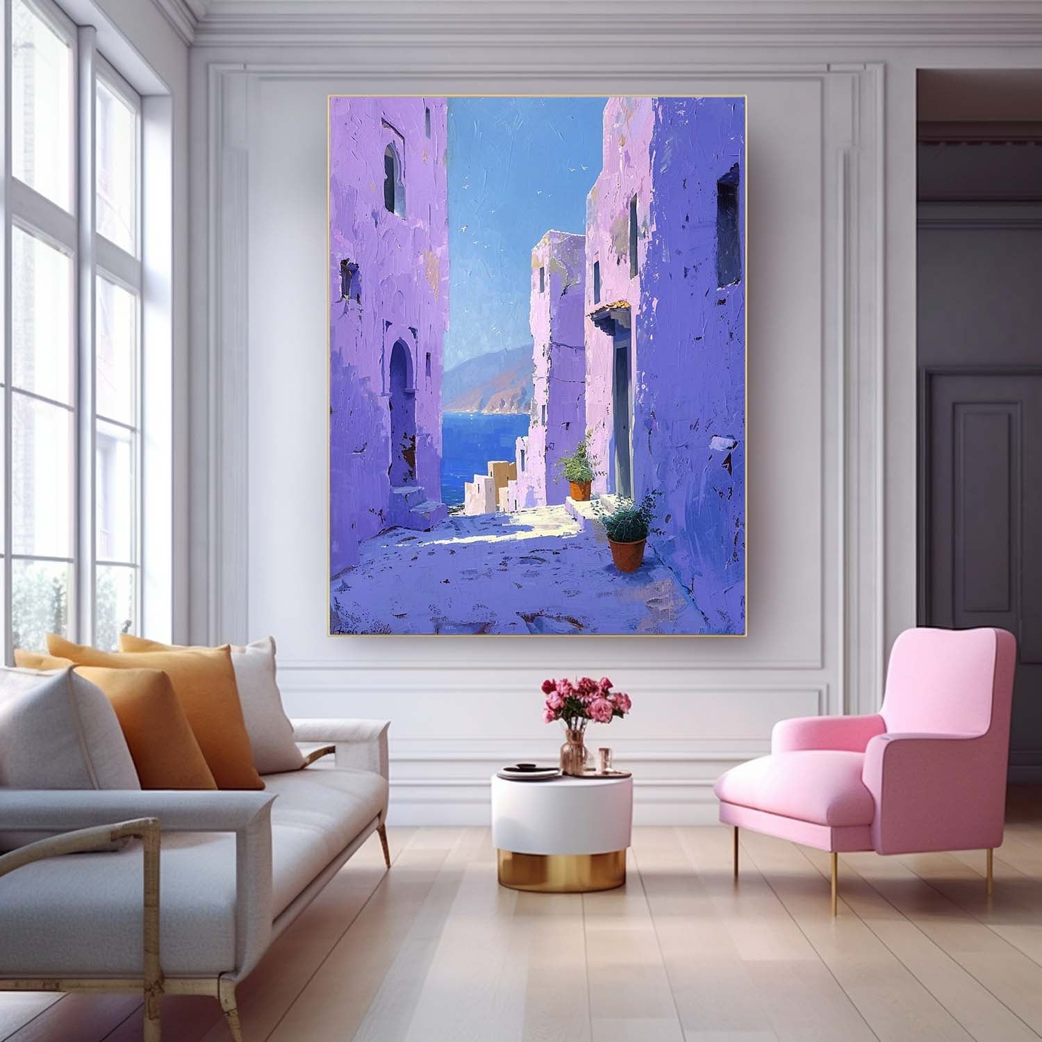 Dreamy Purple Building Large Alley Wall Art Original Modern Oil Painting On Canvas Abstract House Art Home Decor