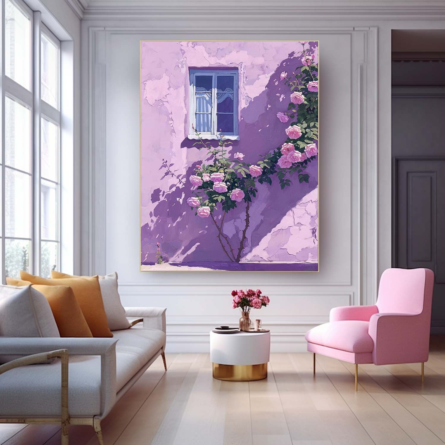 Flowers And Purple Building Acrylic Painting Canvas Large Textured Art Original Floral Painting Home Decor