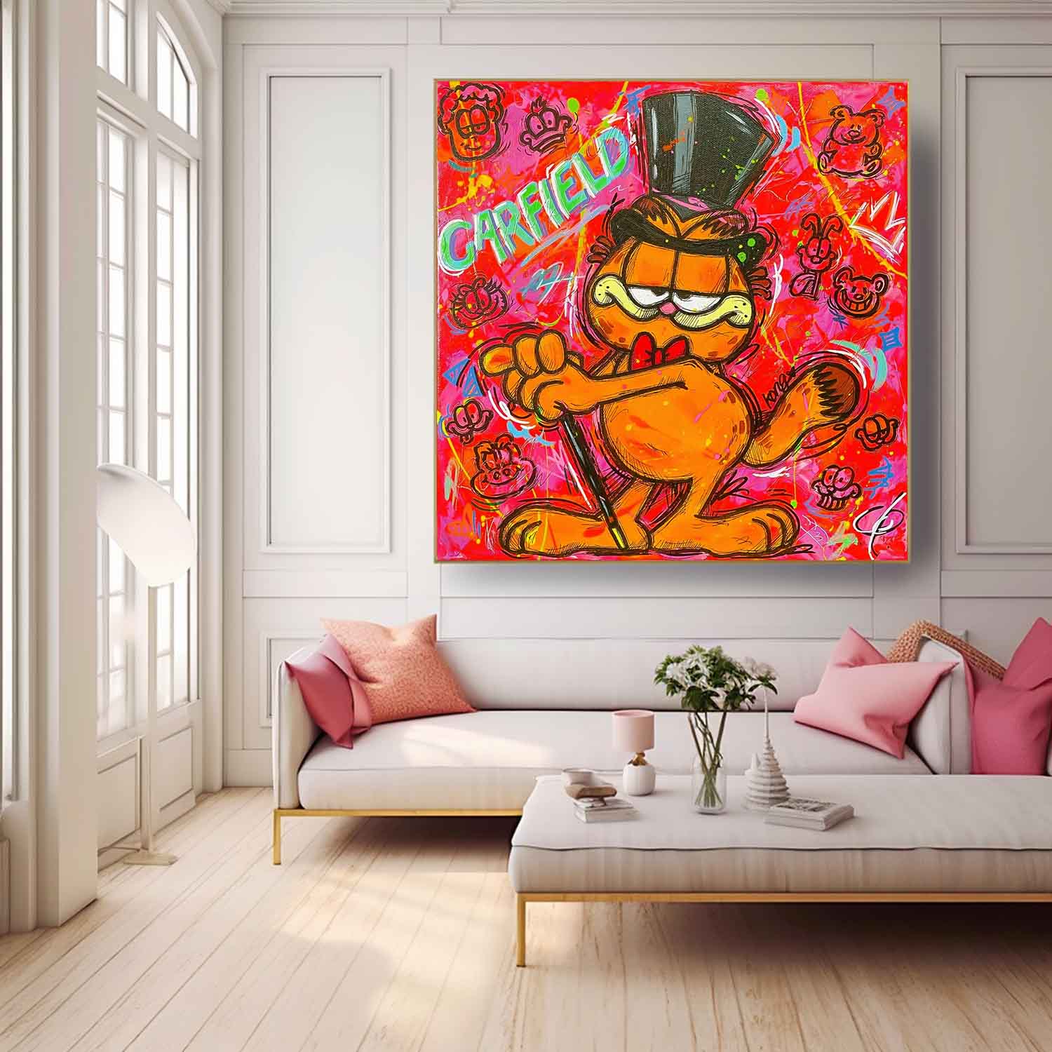 Original Lovely Cartoon Characters Wall Art Famous Garfield Oil Painting Canvas Large Animal Artwork