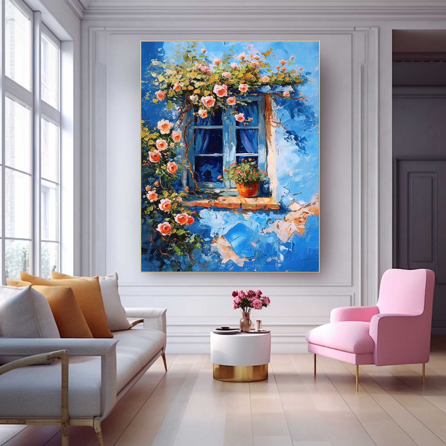 Flowers On The Building Acrylic Painting Canvas Large Textured Art Original Floral Painting Home Decor