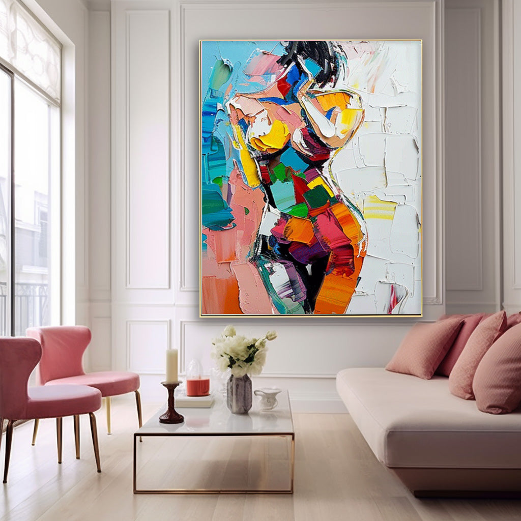 Figure Abstract Painting Colorful Texture Girl Wall Art Lady Oil Painting On Canvas Framed For Living Room