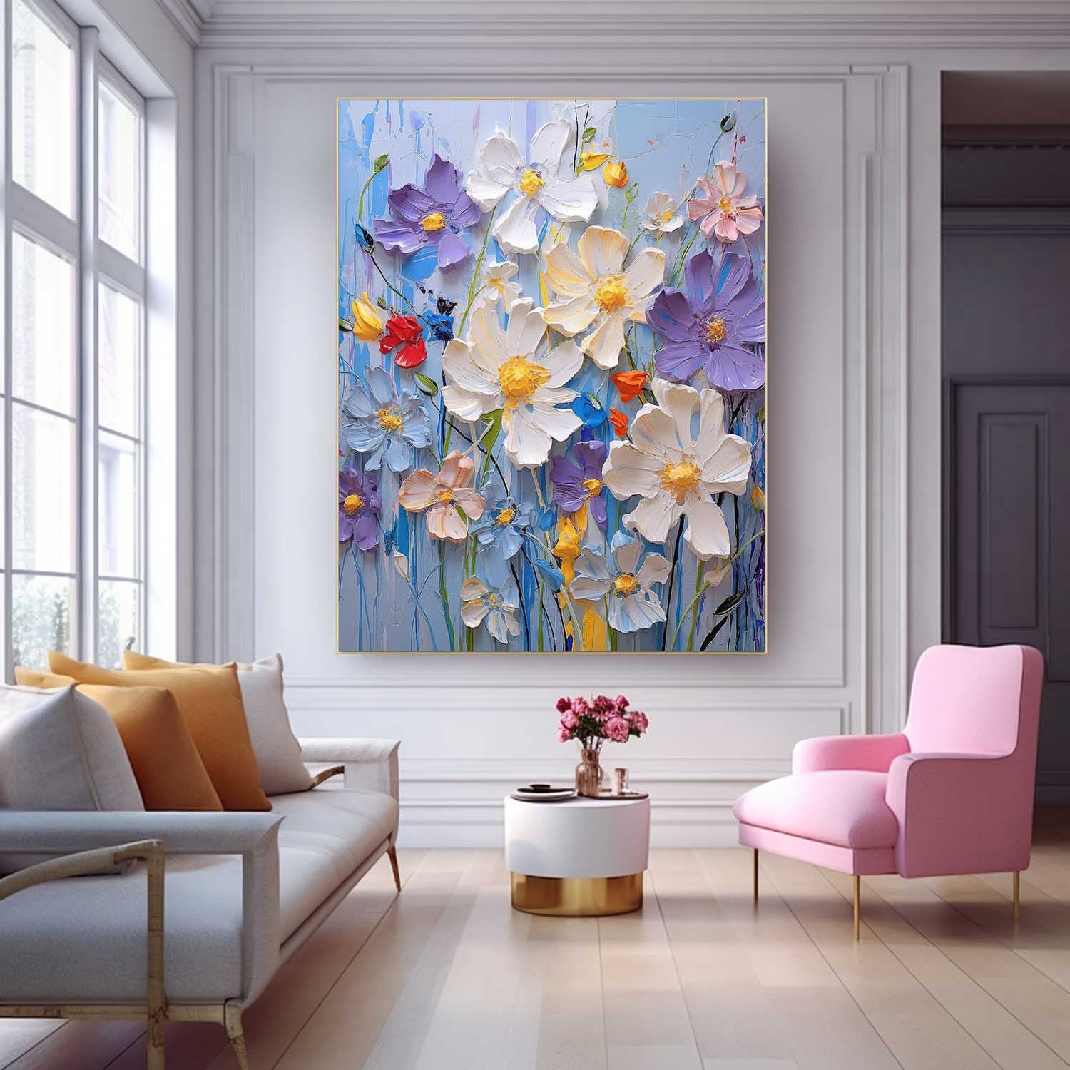 Large Lovely Textured Art Abstract Flower Acrylic Painting On Canvas Original Floral Painting Home Decor