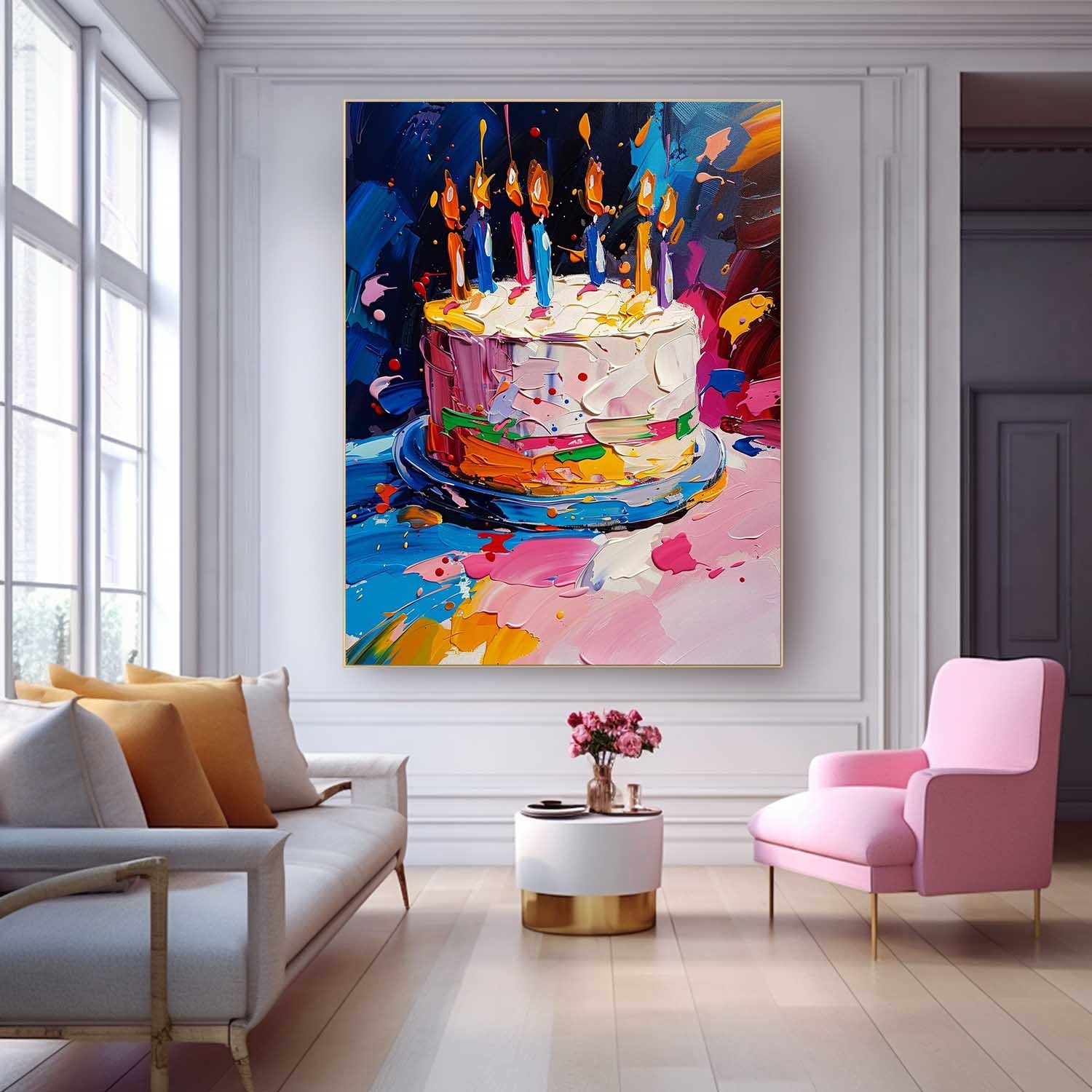 Big Original Artwork Abstract Still Life Painting On Canvas Colorful Cream Cake Acrylic Painting Birthday Gift