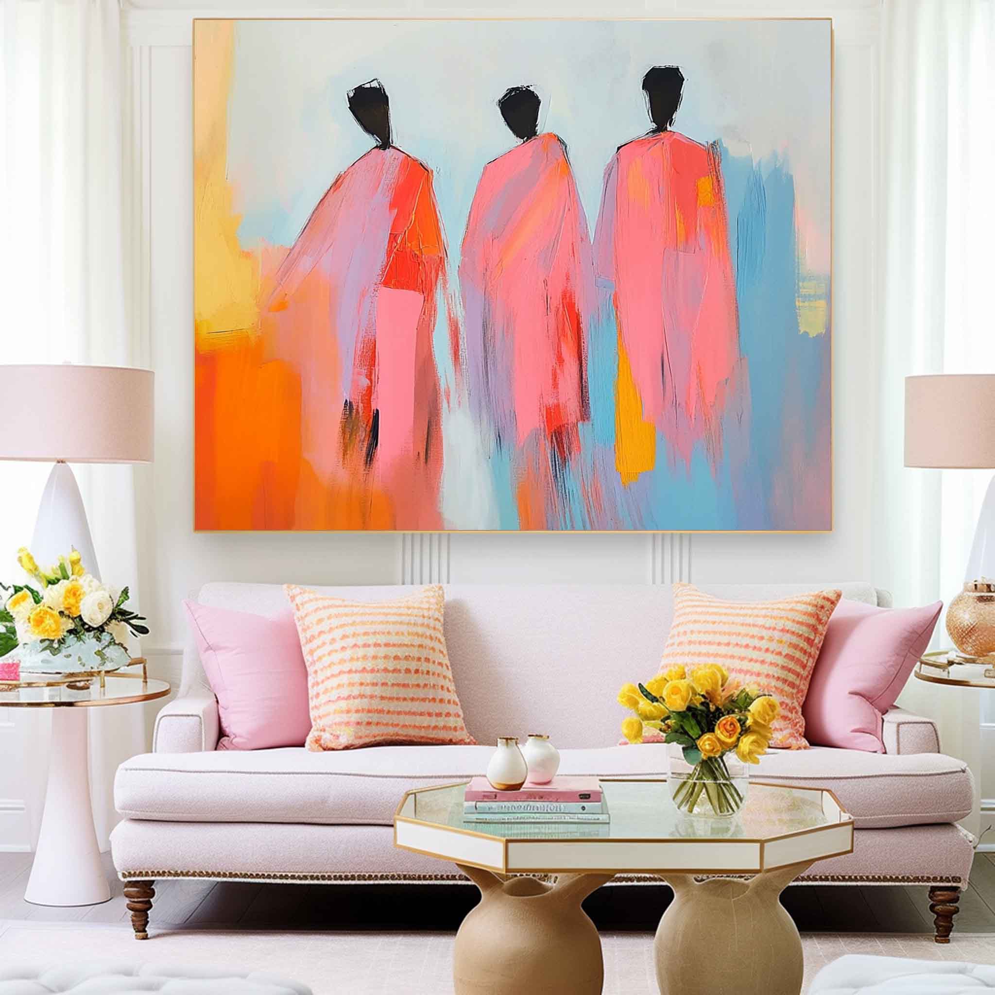 Modern Minimal Abstract Oil Painting Contemporary Gallery Wall Art Pink Figure View Of Back Home Decor