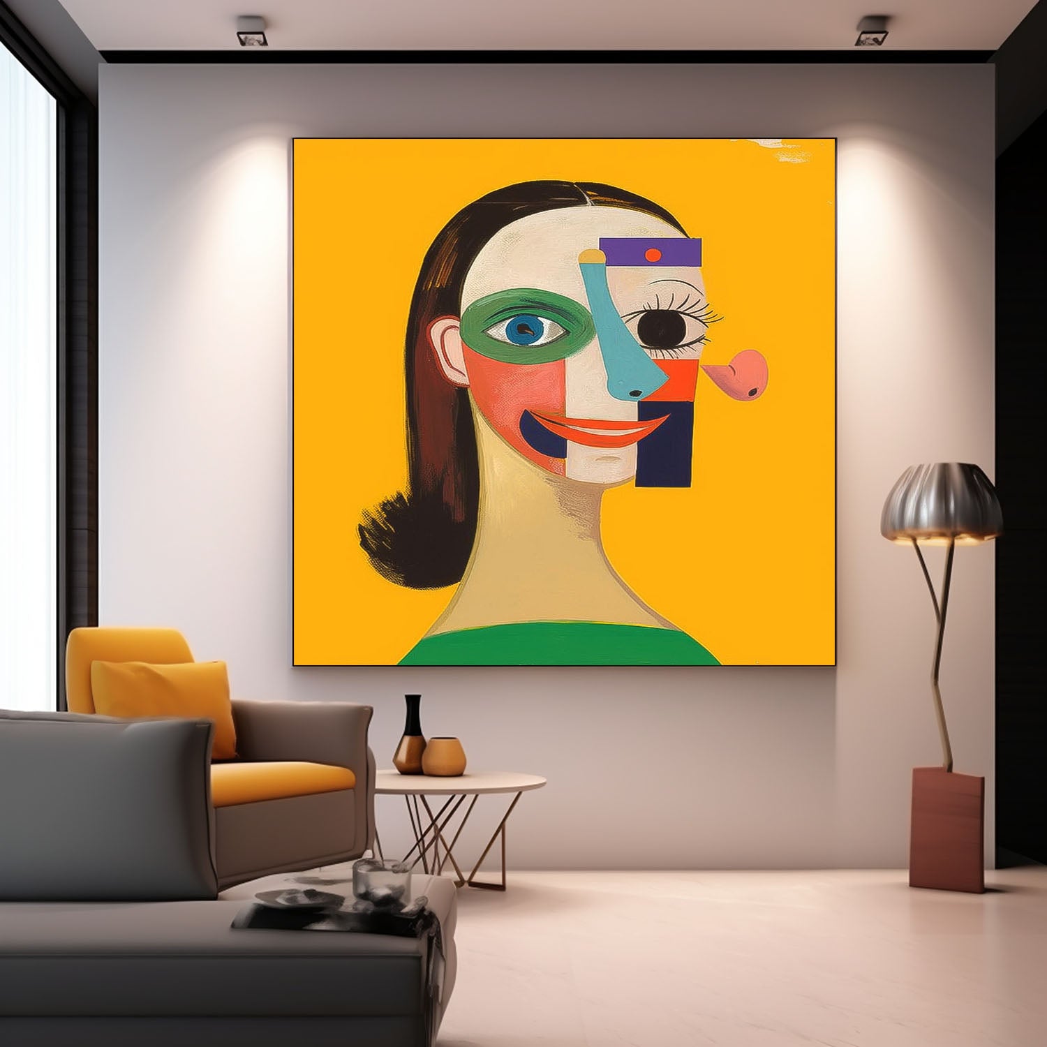 Abstract Geometric Face Lady Wall Art Origina Woman Acrylic Painting Canvas Square Large Girl Artwork