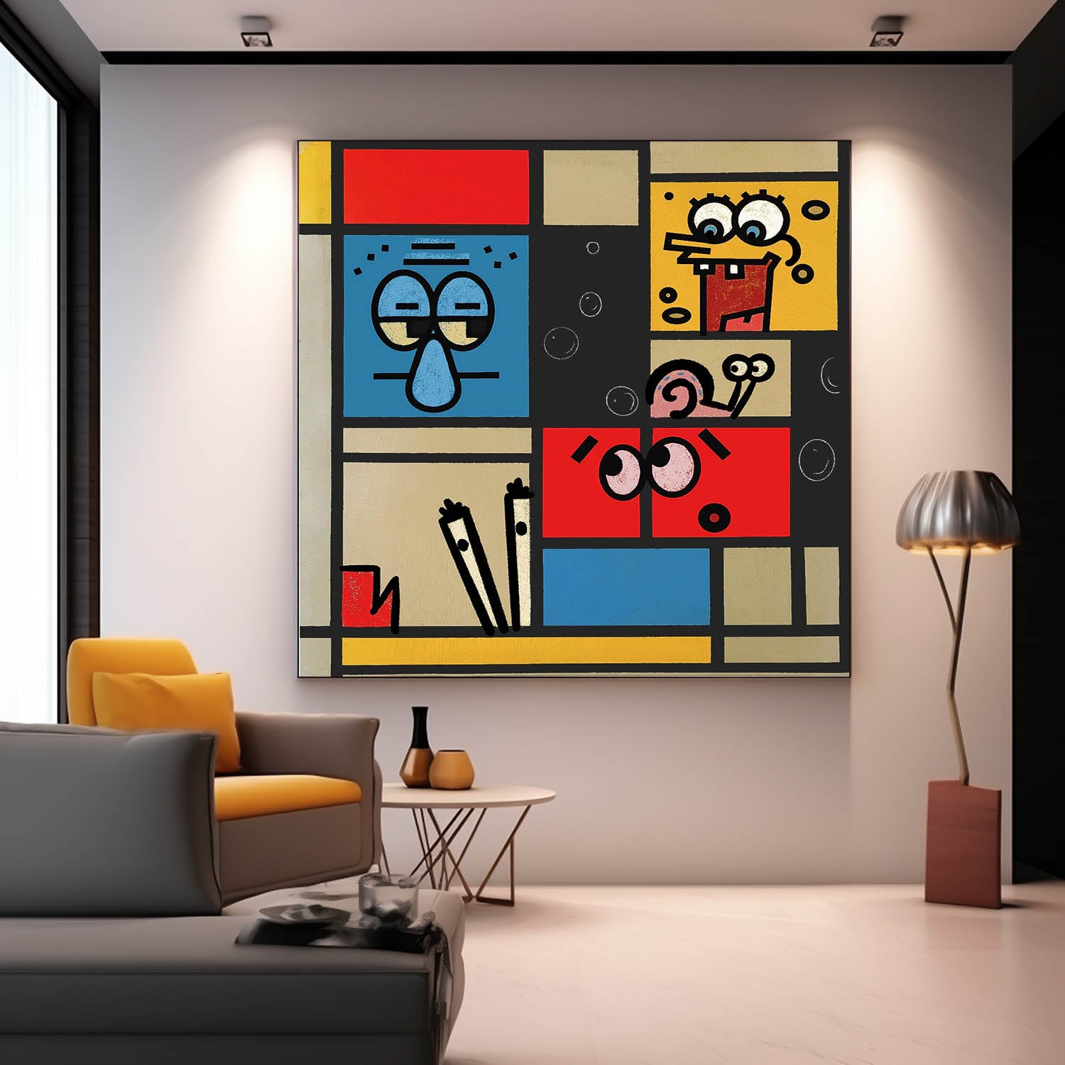 Geometric Cartoon Large Texture Abstract Wall Art Abstract SpongeBob Oil Painting Canvas Framed Home Decor