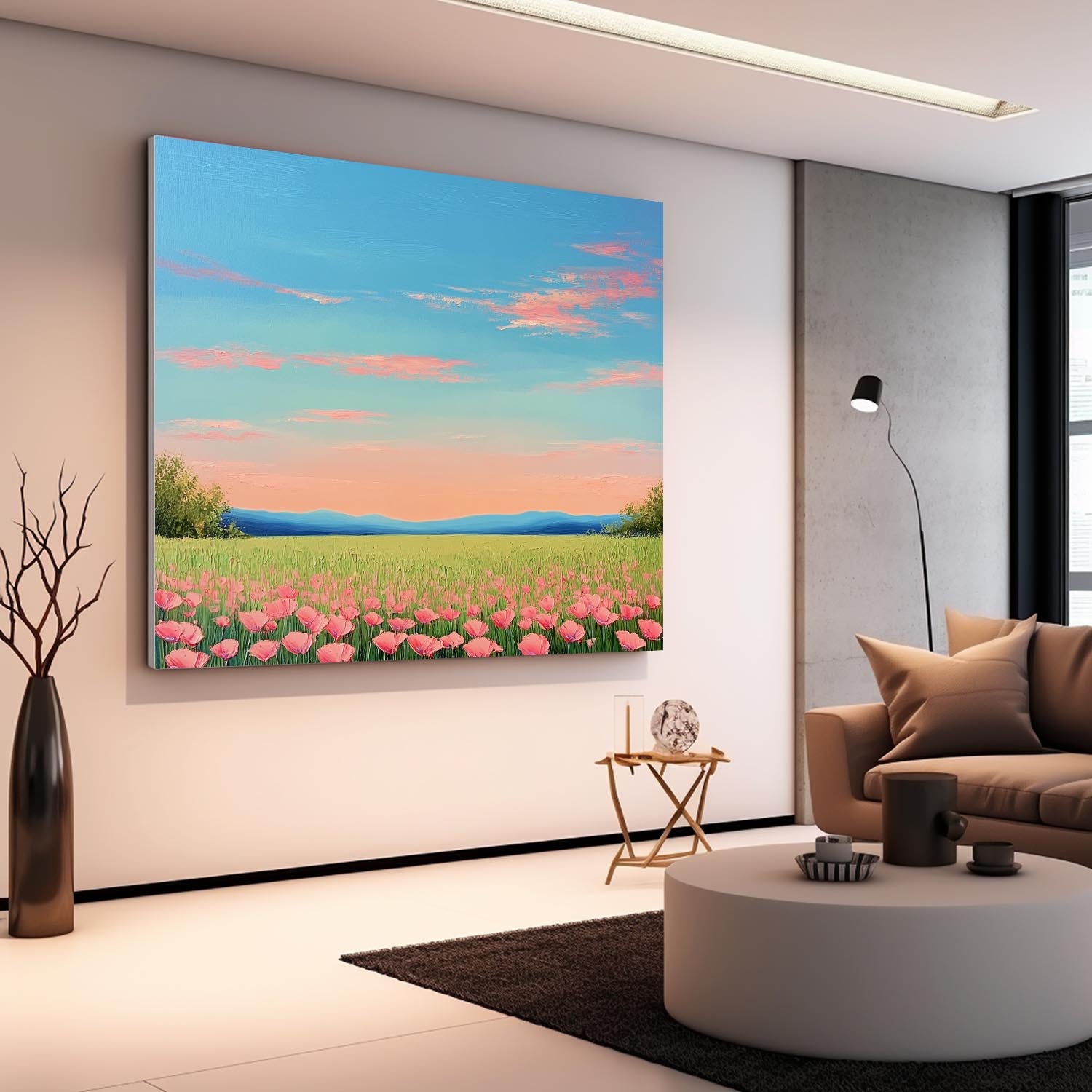 Wildflower Field Landscape Oil Painting Sunset Scenery painting Muted Country Field Wall Art Nature Artwork