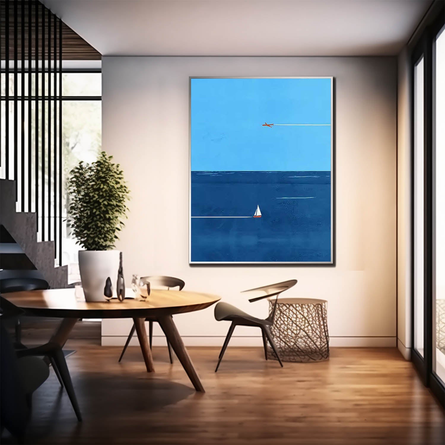 Blue Minimalist Canvas Oil Painting Large Maritime Abstract Acrylic Painting Original Living Room Wall Art