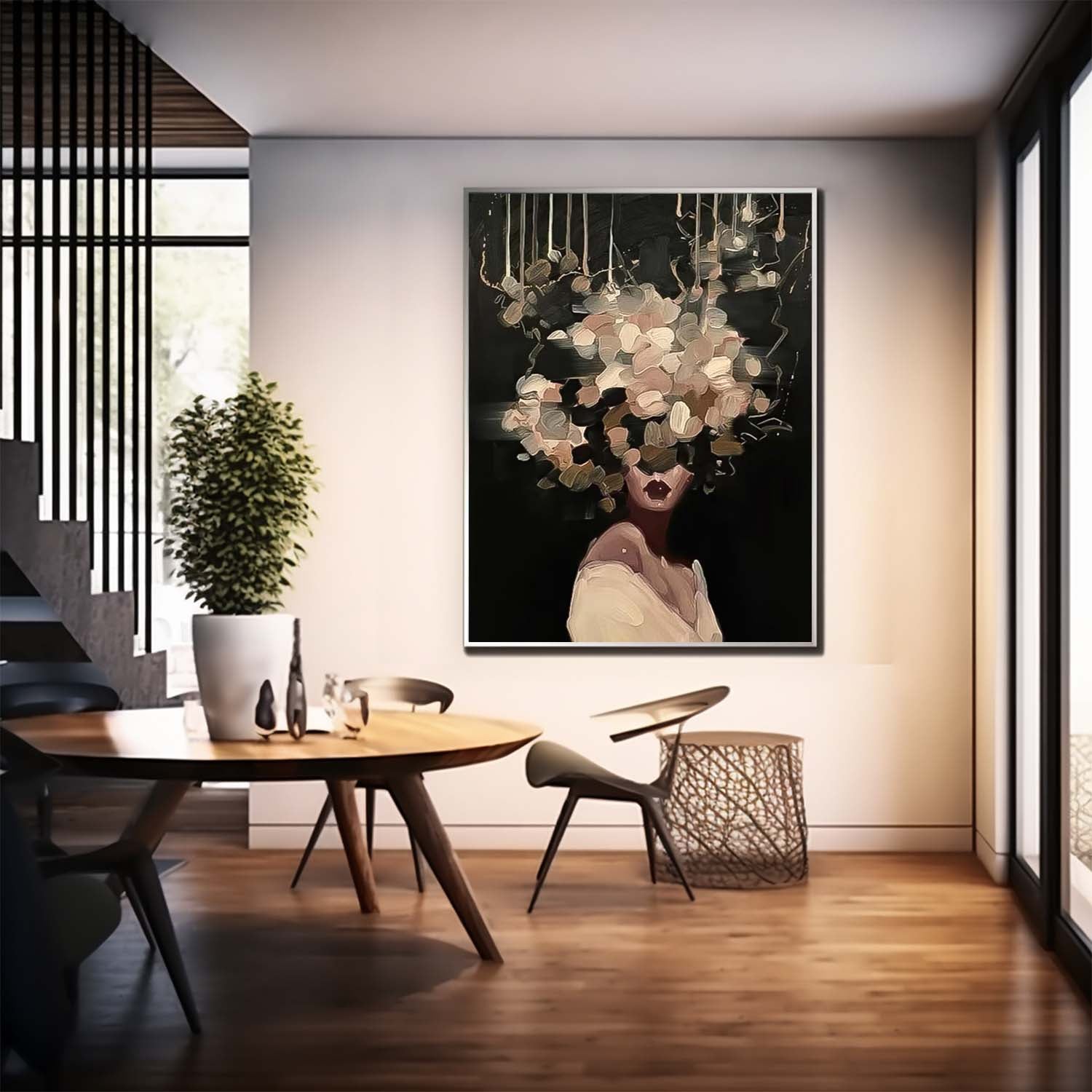 Flower Girl Painting Abstract Female Canvas Art Modern Woman Wall Art