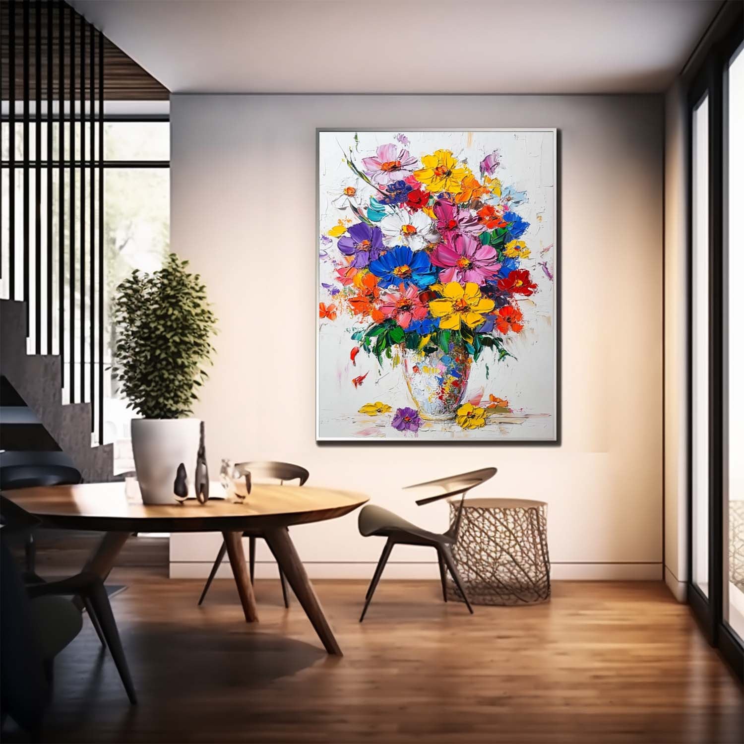 Colorful Flowers Acrylic Painting Canvas Large Textured Vase Art Original Floral Painting For Living Room