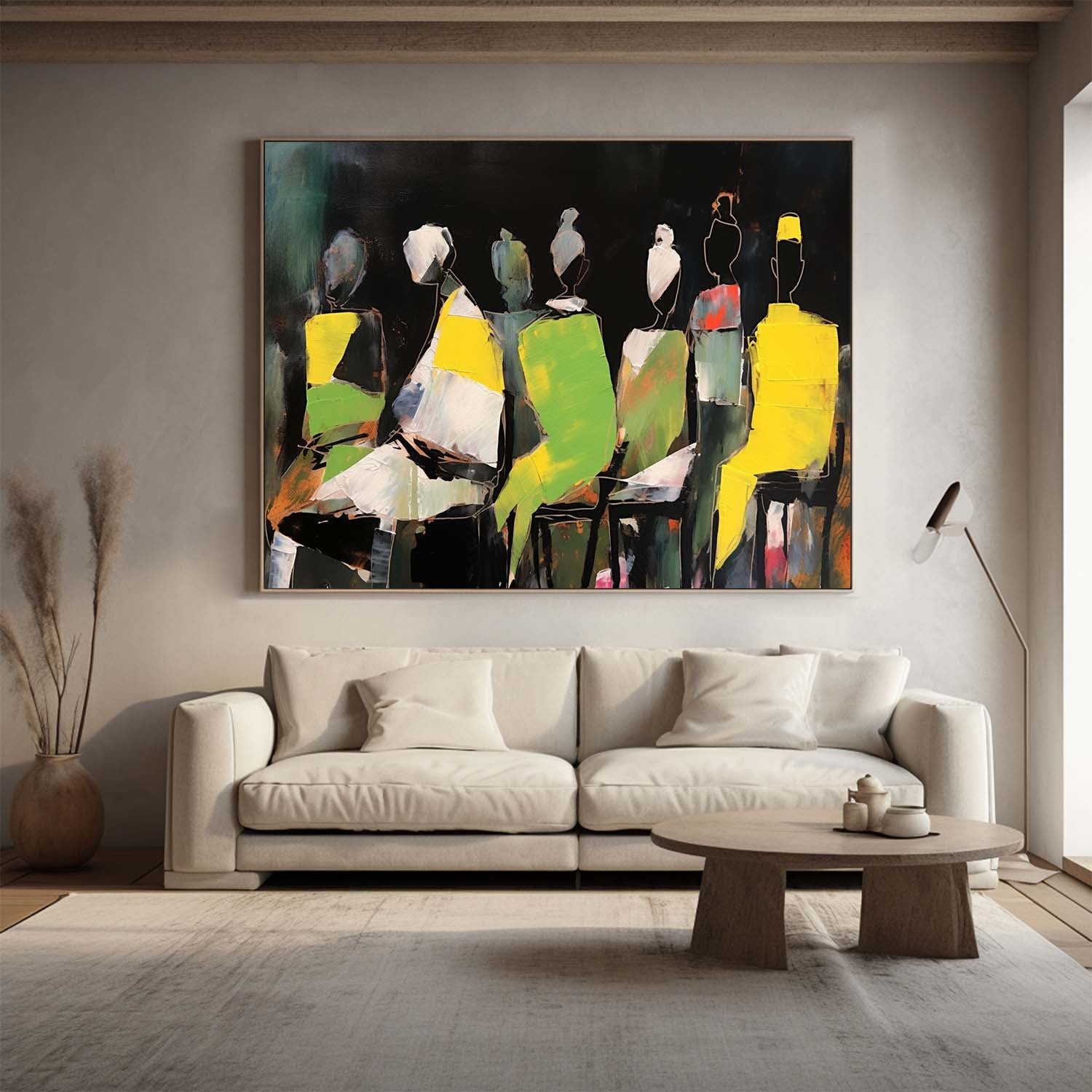 Large Modern Abstract Fluorescent Color Figure Silhouette Canvas Art Abstract People Painting Contemporary Art