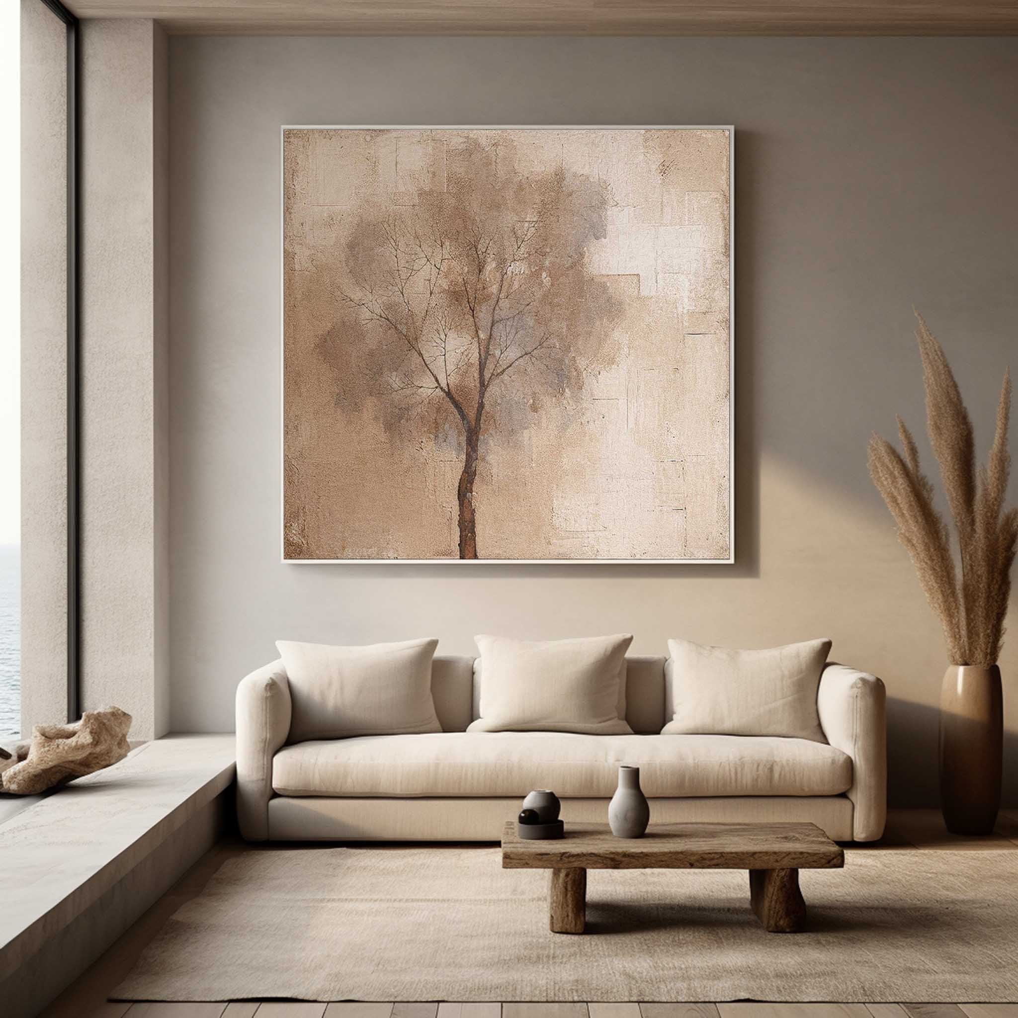 Abstract Ink Tree Art Beige Square Acrylic Painting Canvas Original Painting For Living Room