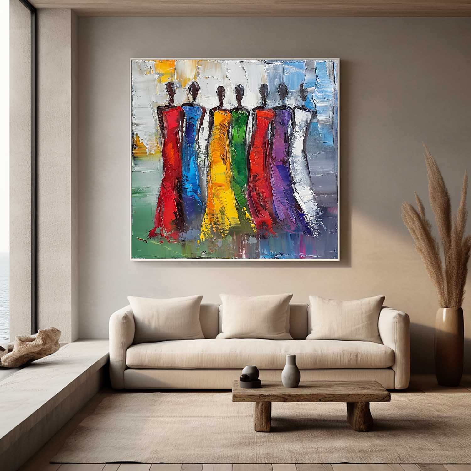Colorful Abstract people's Wall Art Original Woman Character Outline Painting Canvas Large Square Artwork