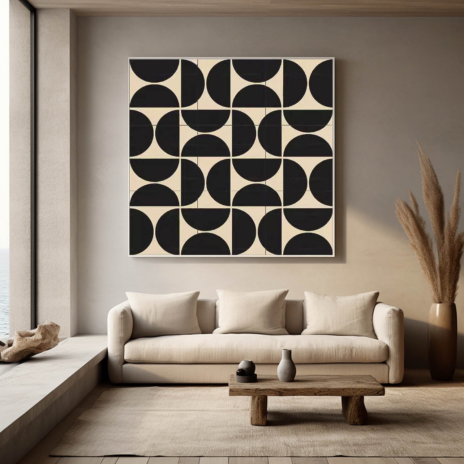 Black Geometry Modern Minimalist Canvas Acrylic Painting Large Regular Semicircle Abstract Artwork