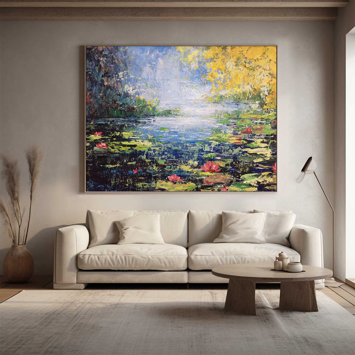 Modern Scenery Framed Wall Art Original Riverside Flowers Acrylic Painting On Canvas Large Artwork Gift