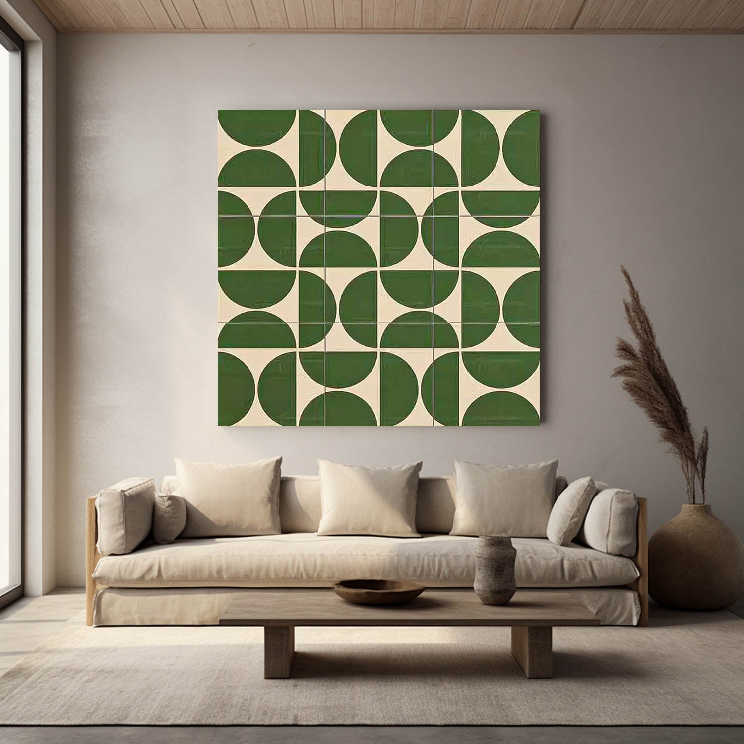 Green Geometry Modern Minimalist Canvas Acrylic Painting Large Regular Semicircle Abstract Wall Art Framed