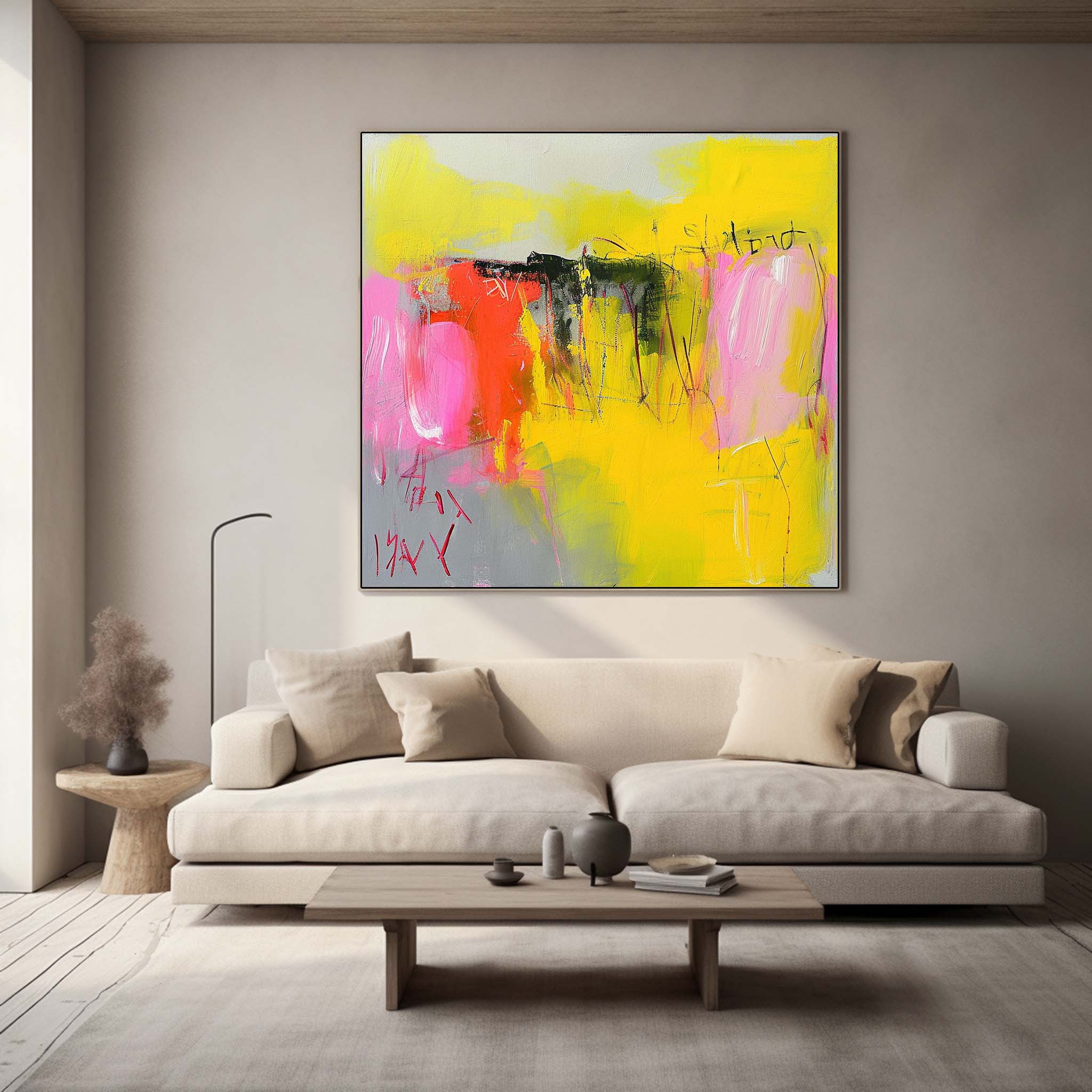 New Abstract Painting Yellow Original Hand Painted Wall Art Contemporary Abstract Art For Sale