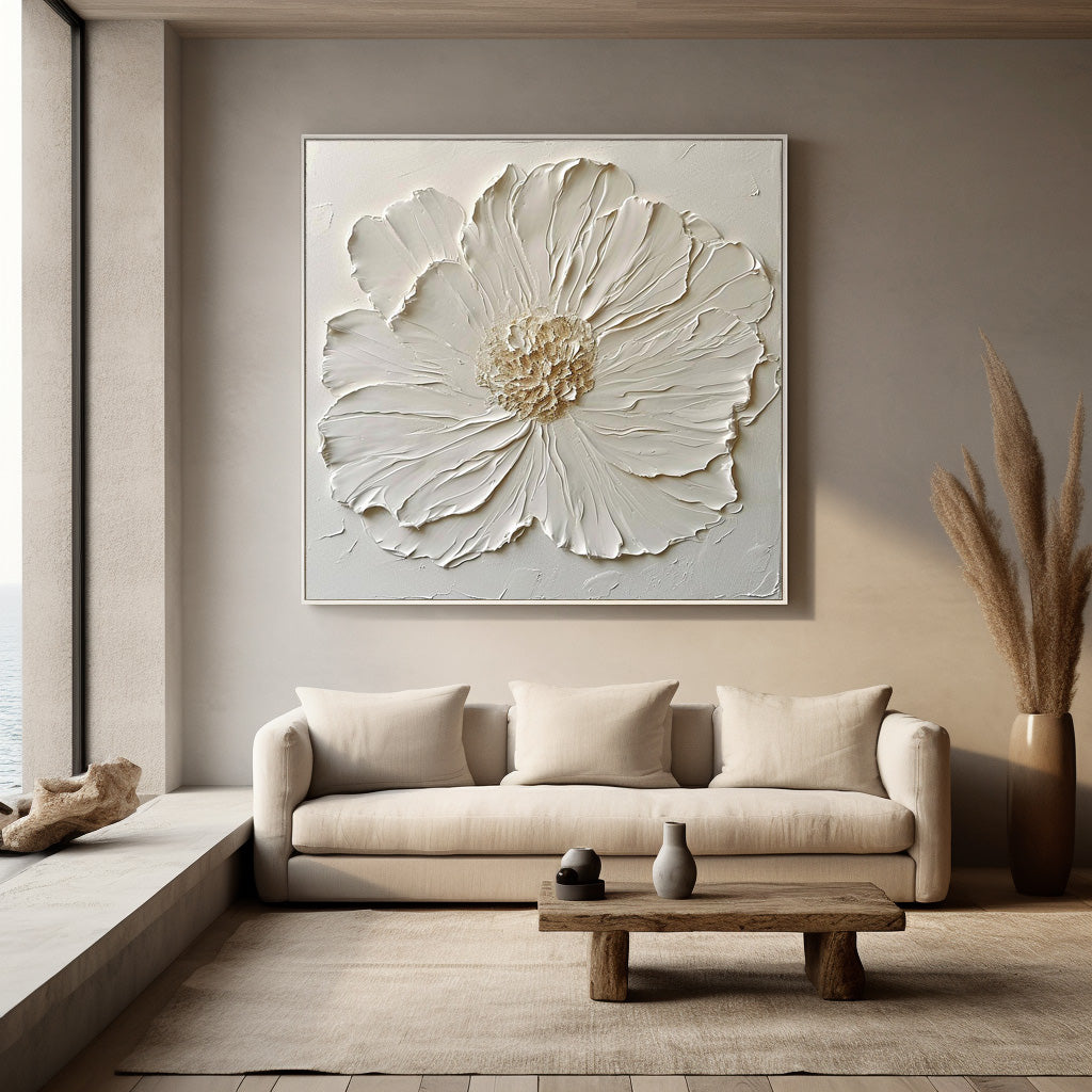 Simple Minimalist Art Original Large Textured Floral Painting Modern White Wall Art For Living Room