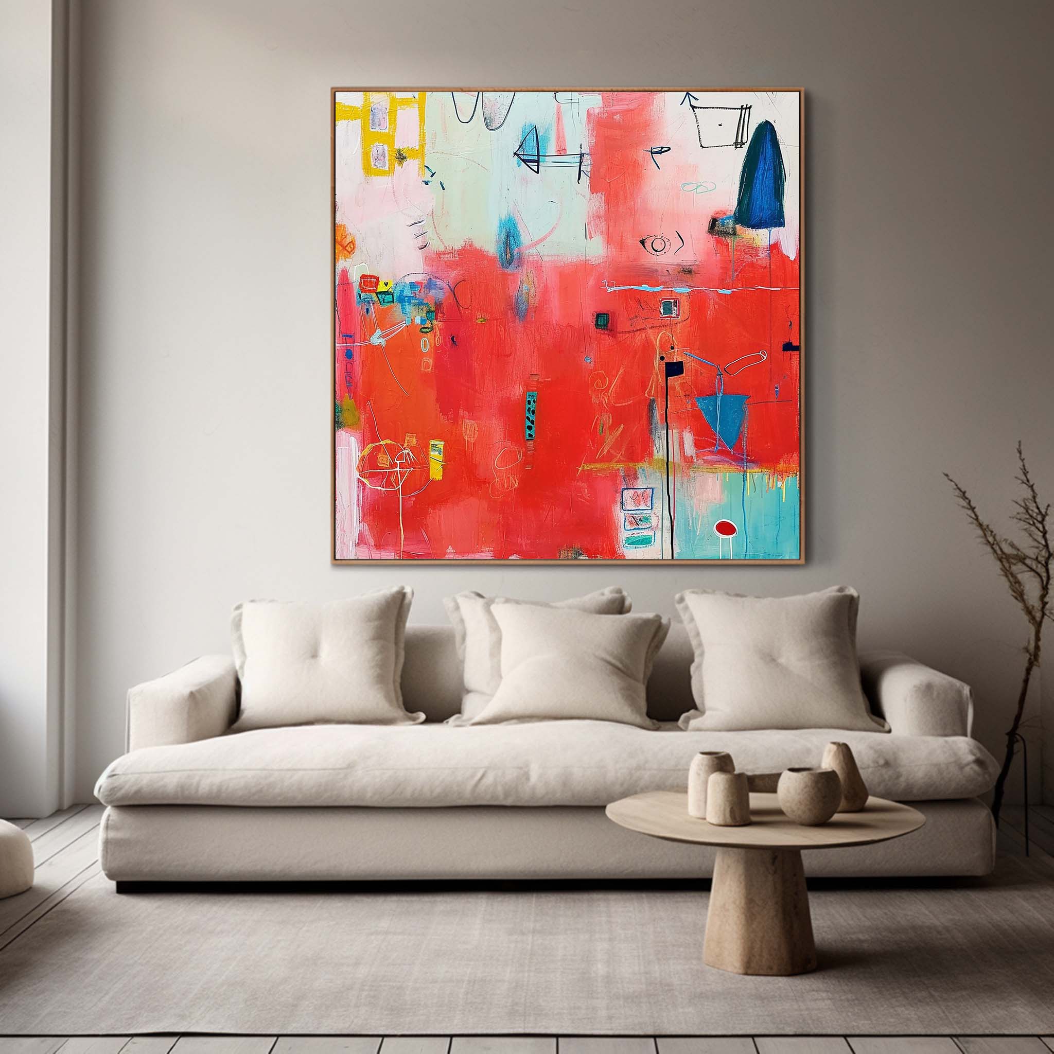 Contemporary Abstract Oil Painting Funny Doodles Original Wall Art New Red Abstract Painting Home Decor