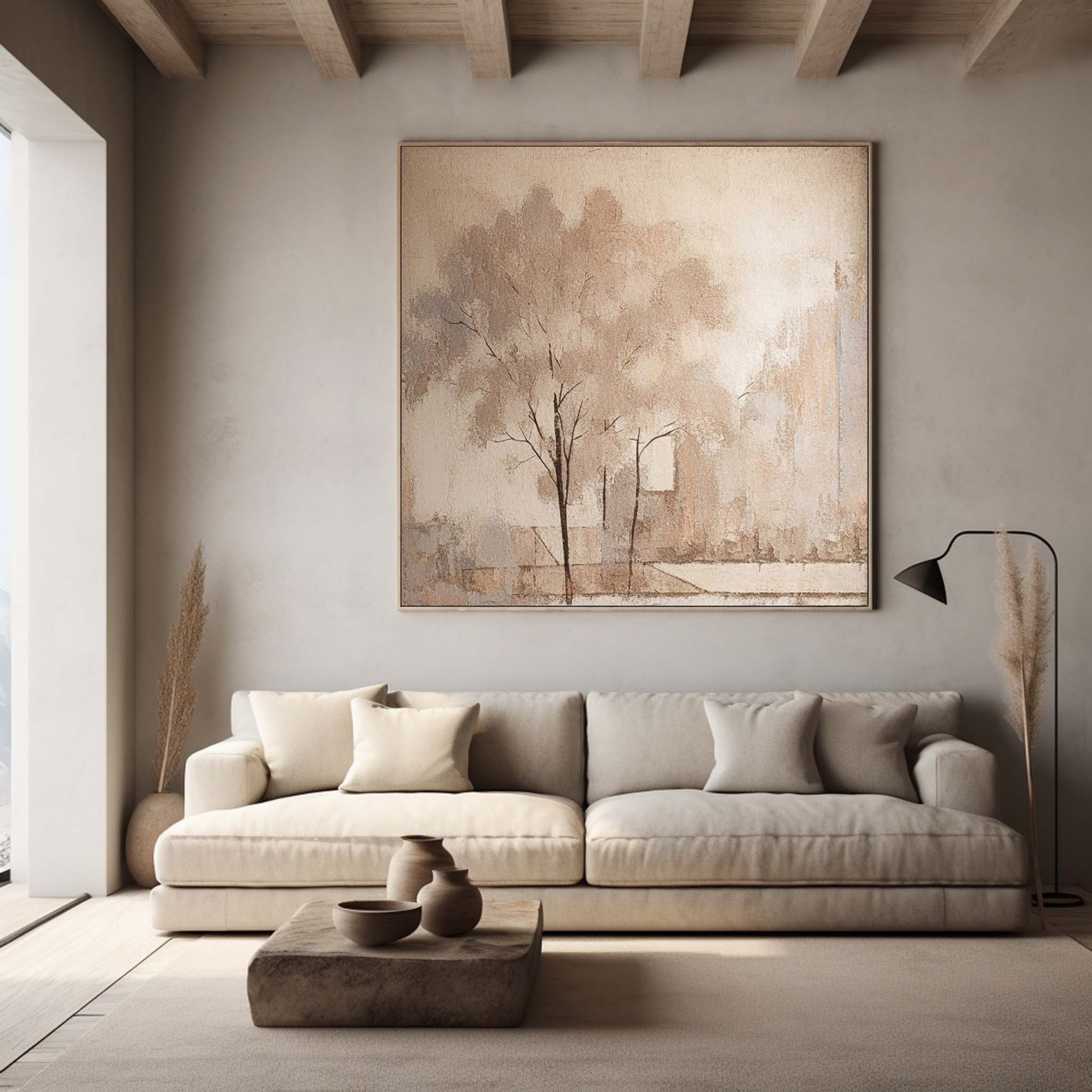 Original watercolor Painting Abstract Ink Tree Art Beige Square Acrylic Painting Canvas For Living Room