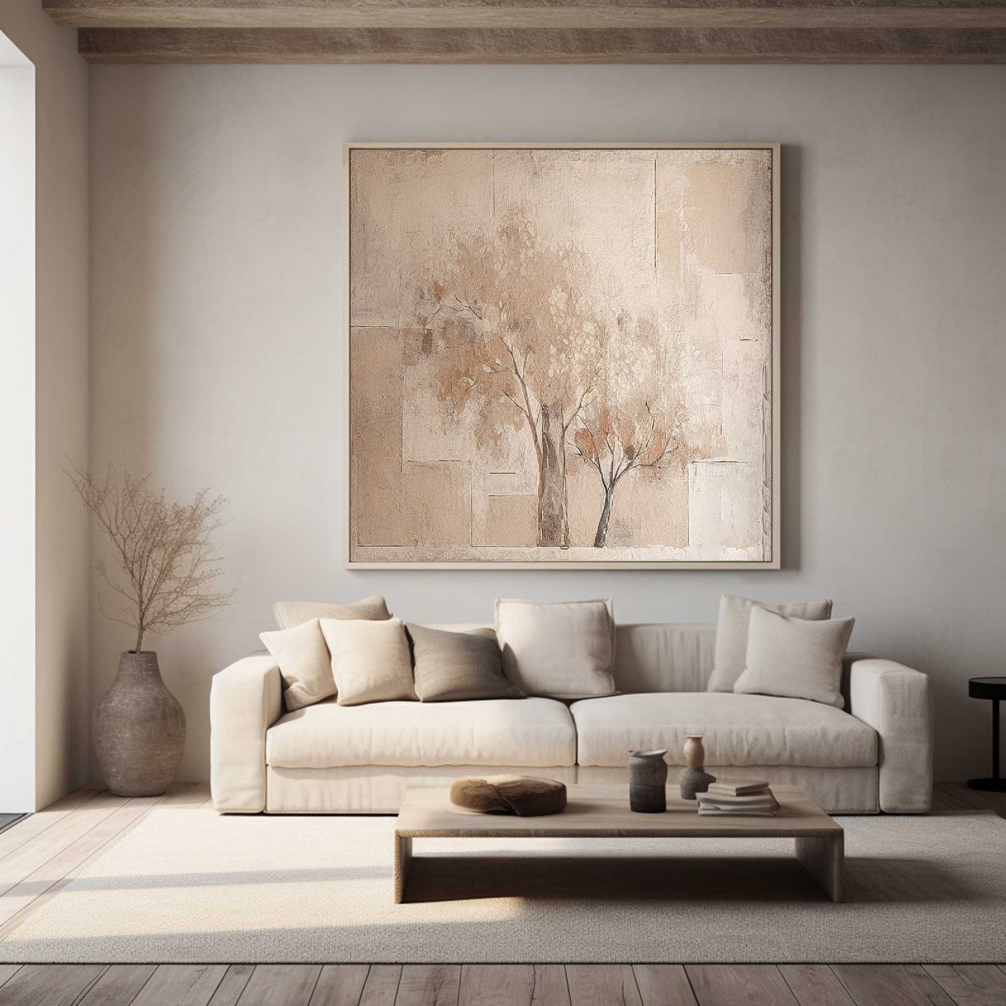 Original Vintage Oil Painting Abstract Ink Tree Wall Art Beige Square Acrylic Painting On Canvas For Sale