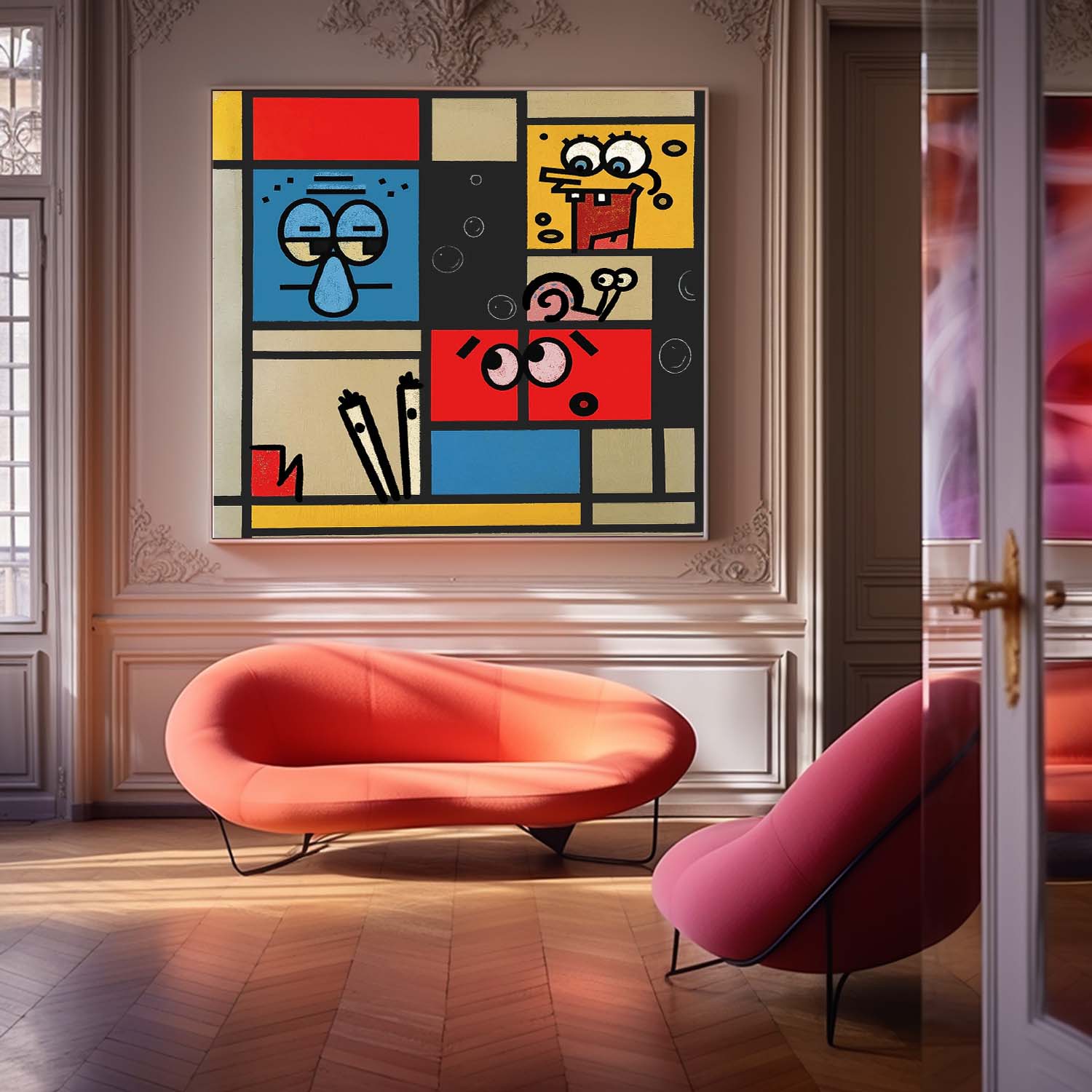 Geometric Cartoon Large Texture Abstract Wall Art Abstract SpongeBob Oil Painting Canvas Framed Home Decor