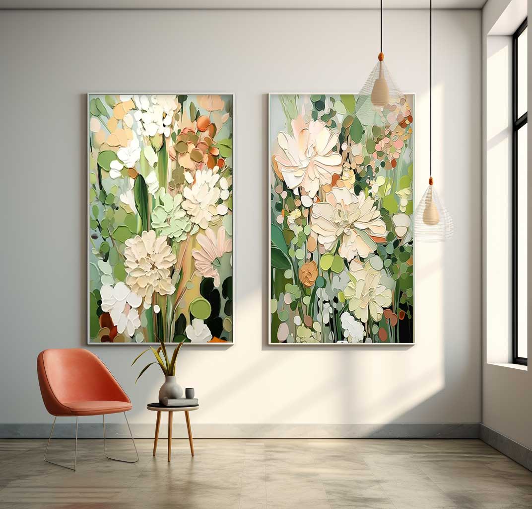 Set of 2 Sage Color Abstract Oil Paintings Contemporary Flower Canvas Wall Art Floral Spring Artwork