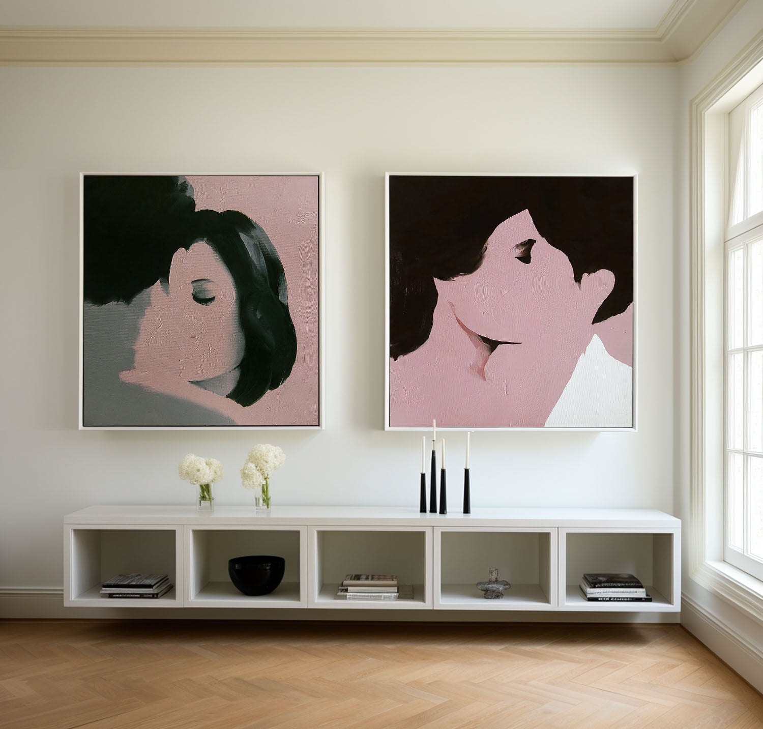 Set of 2 Square Man And Woman Kissing Abstract Wall Art Original Minimalism Painting Canvas Large Artwork