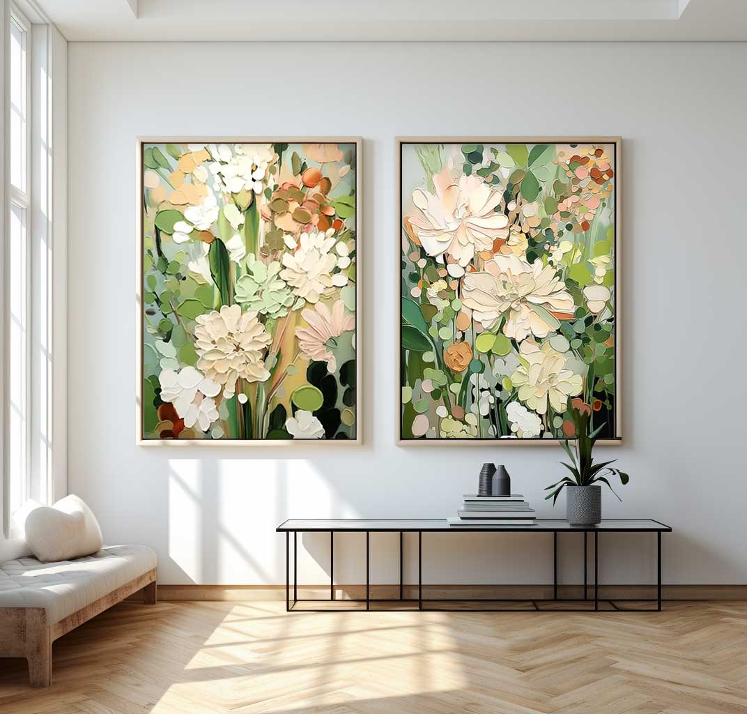 Set of 2 Sage Color Abstract Oil Paintings Contemporary Flower Canvas Wall Art Floral Spring Artwork