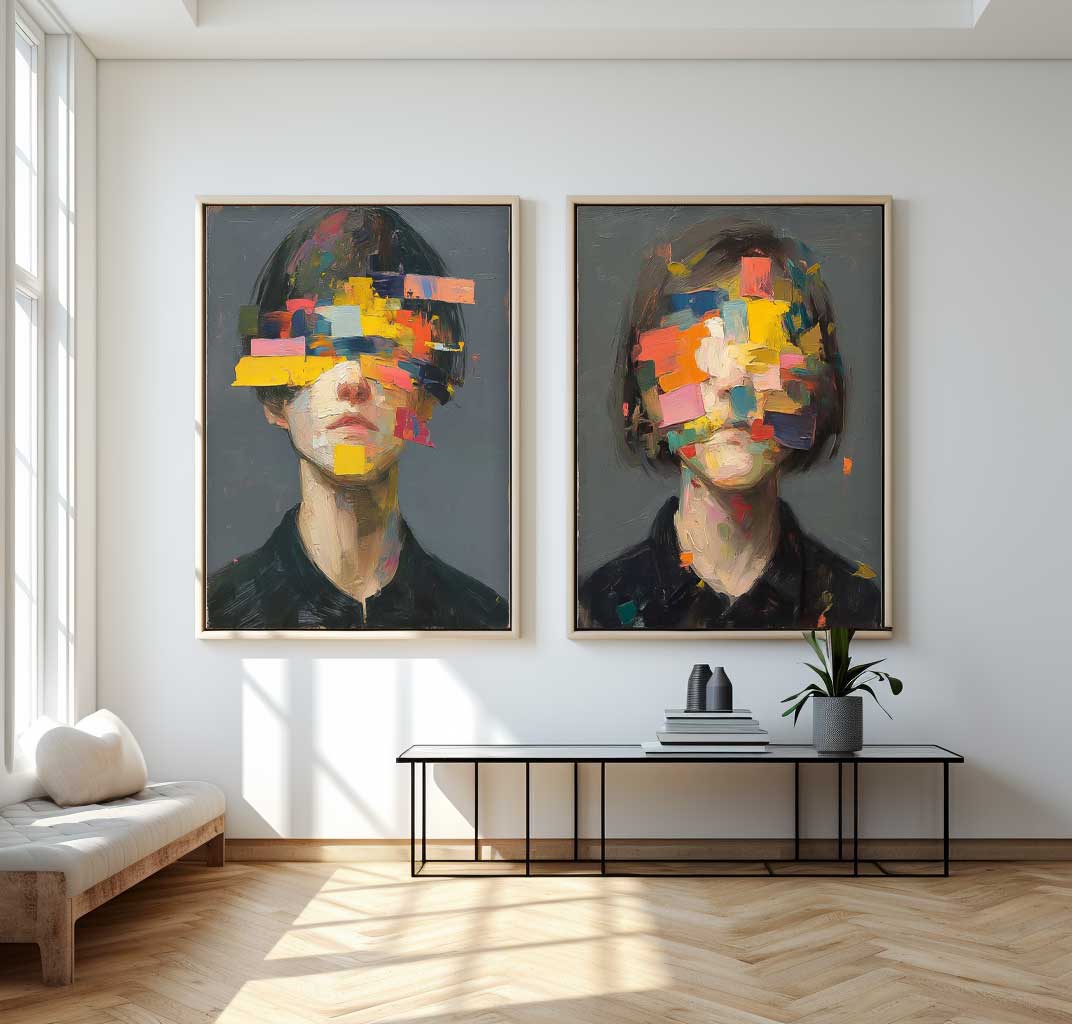 Set of 2 Large Faceless Portrait Couple Painting Abstract Painting Face Artwork Facial 3D Original Canvas Art