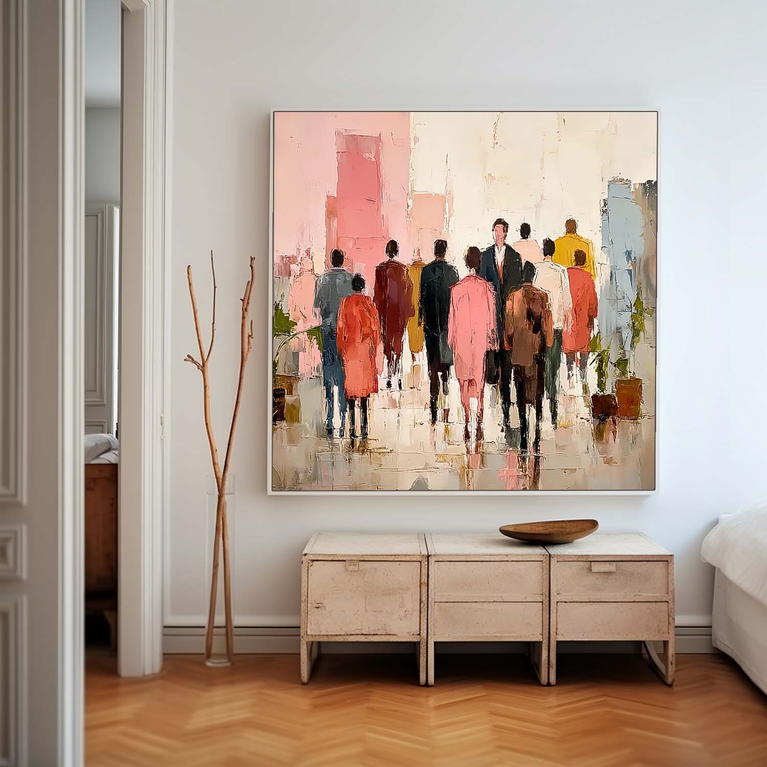 Large Multi-person Street Wall Art Abstract Figure Painting Canvas Original Passerby Features Artwork