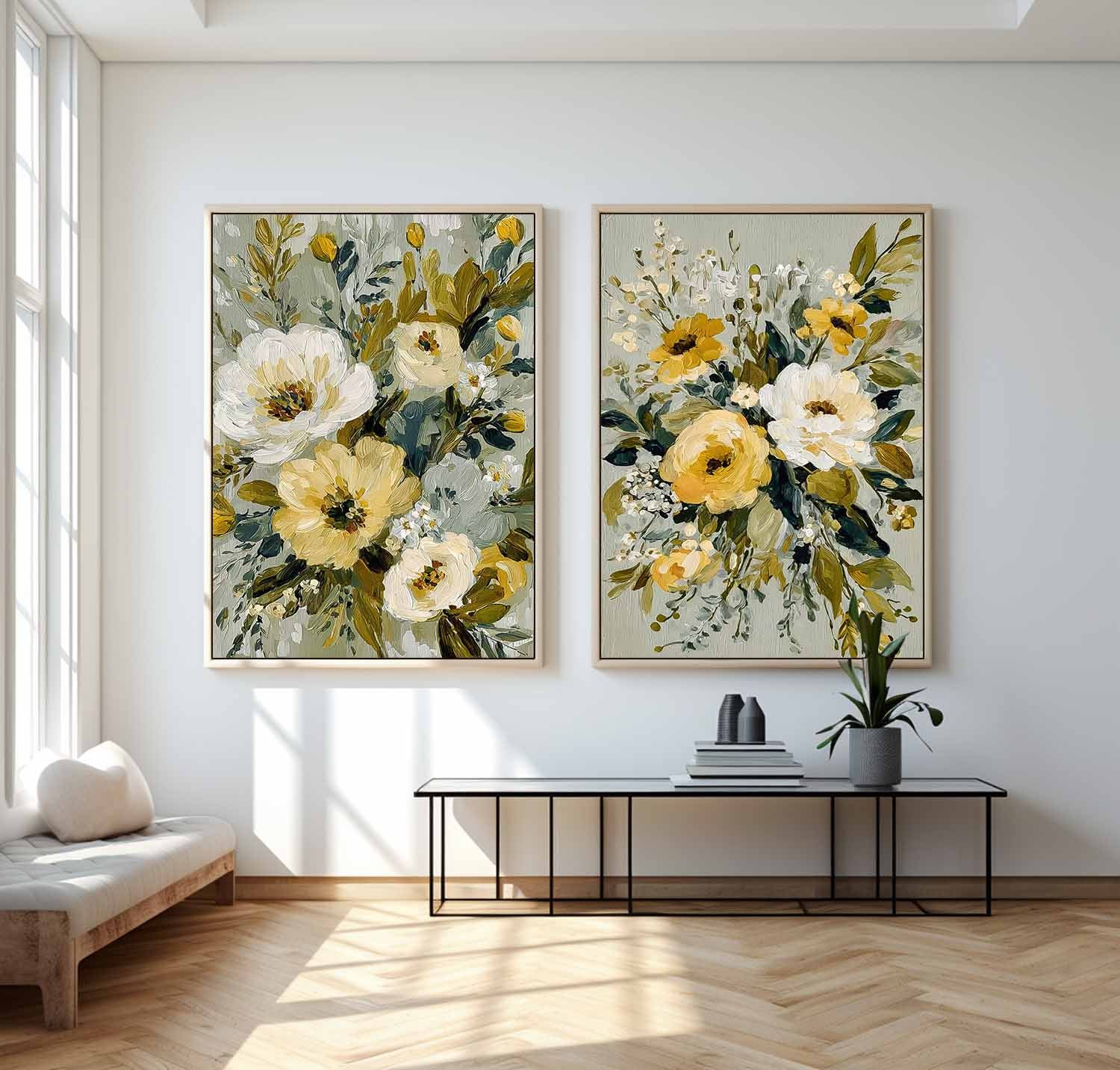Floral Canvas Wall Art Set of 2 Modern Impressionist Flower Painting Muted Sage Green & Yellow Wildflower Art