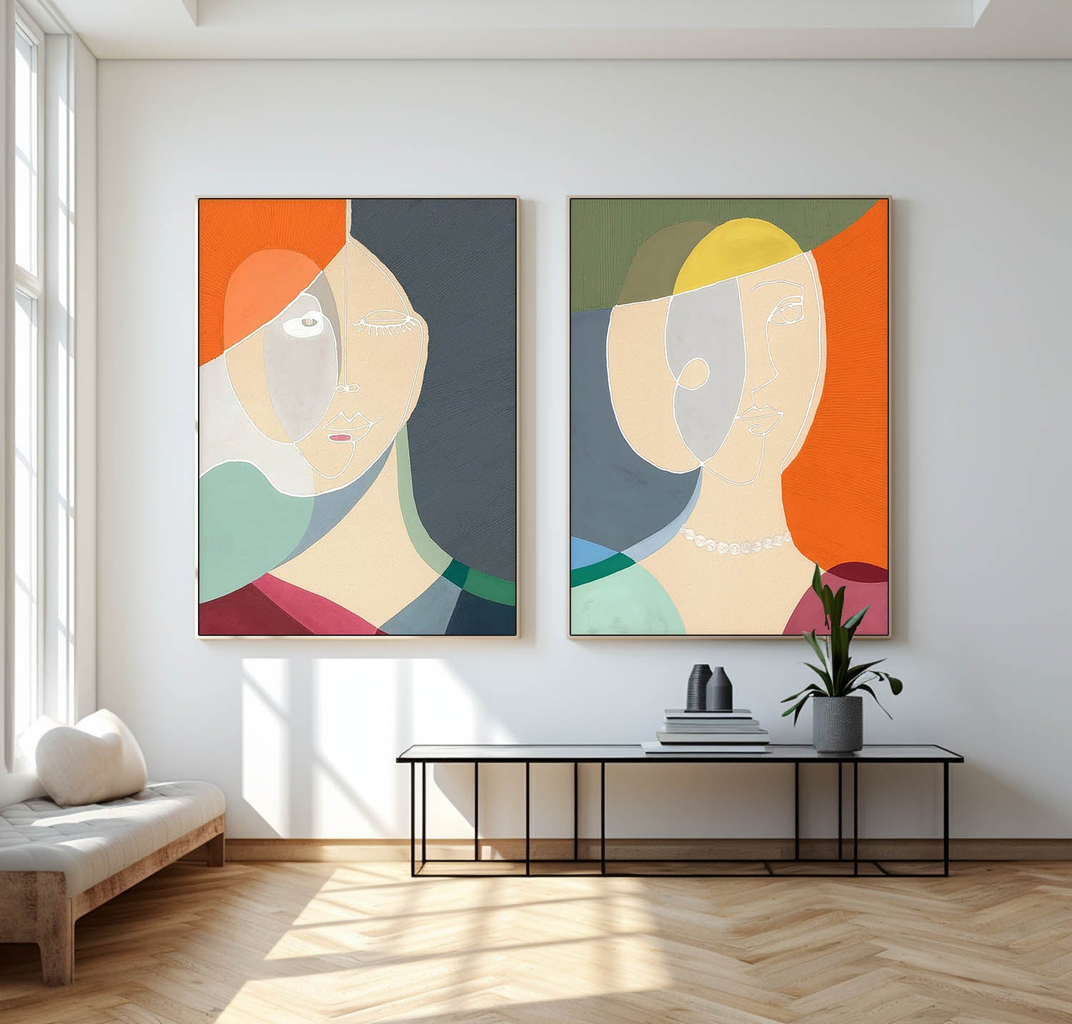 Set of 2 Original Nordic Style Wall Art Minimalism Colorful Abstract Line Artwork Large Figure Painting Gift