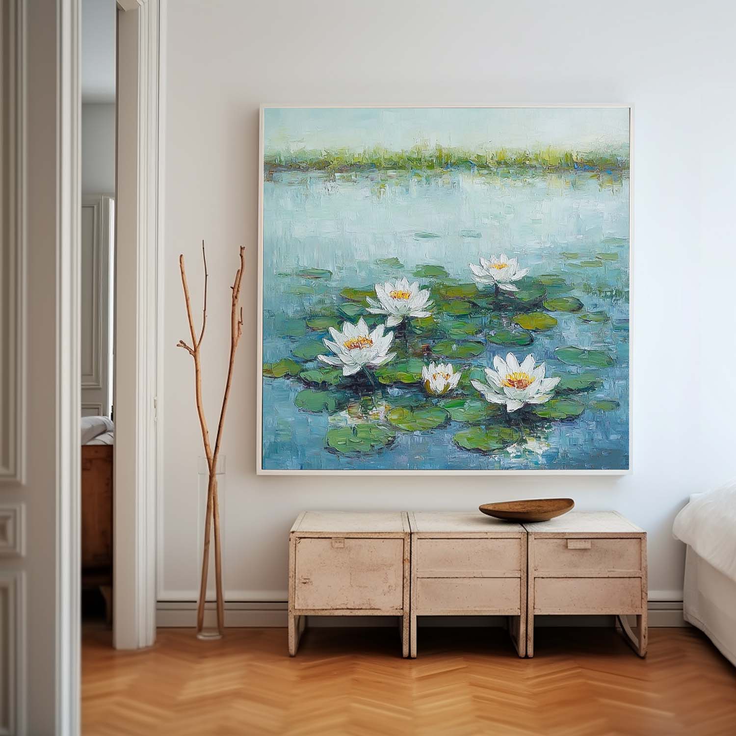 Large Textured Abstract Flower Paintings Square Contemporary White Lotus Floral Painting Original Artwork
