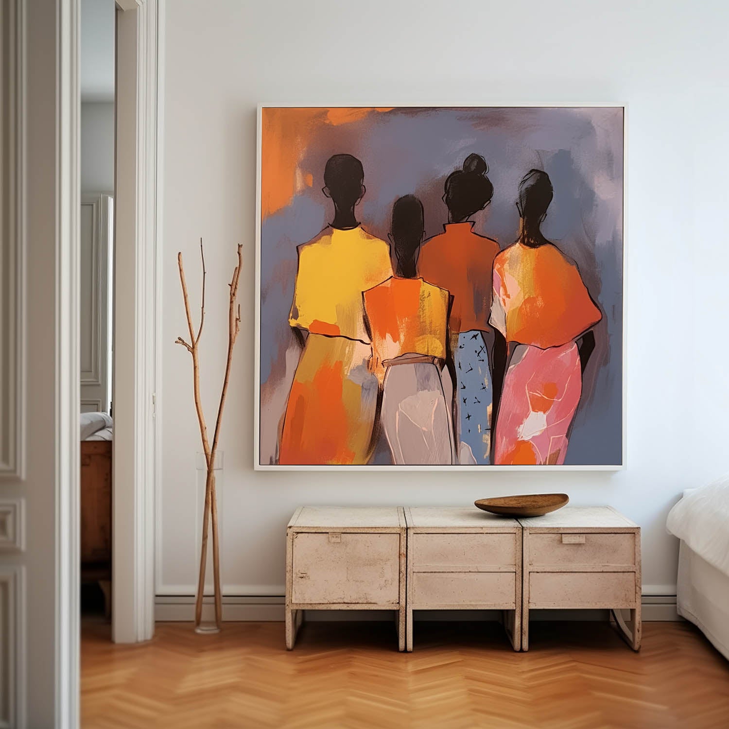 Warm Colors Four people's backs Wall Art Original Beautiful Painting Canvas Large Square Artwork Home Decor