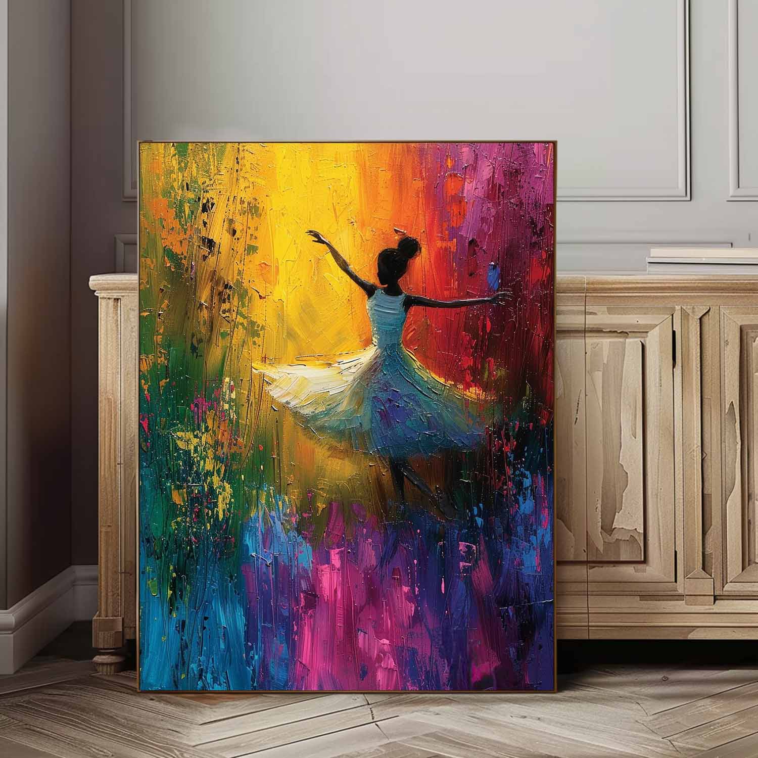 Original Modern Ballet Girl Wall Art Colorful Artwork Big Multicolor Gorgeous Girl Daning Painting Framed