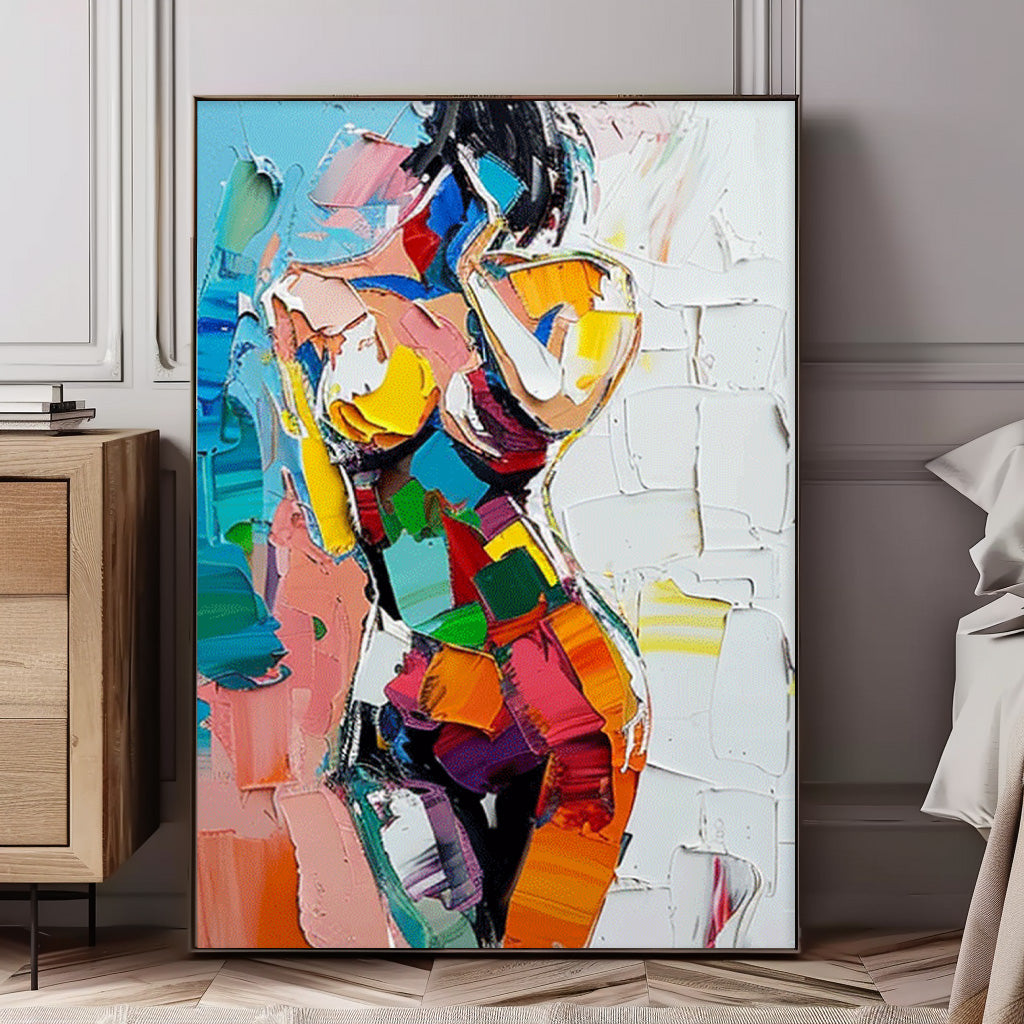 Figure Abstract Painting Colorful Texture Girl Wall Art Lady Oil Painting On Canvas Framed For Living Room