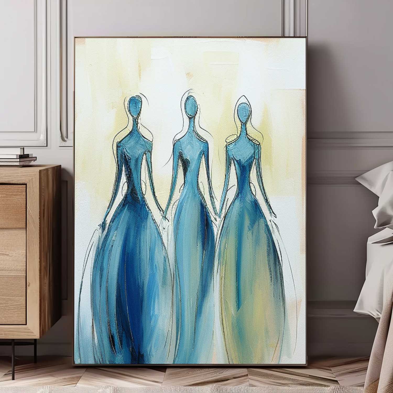 Modern Blue Minimal Abstract Painting Figure Neutral Wall Decor Line Contemporary Gallery Wall Art