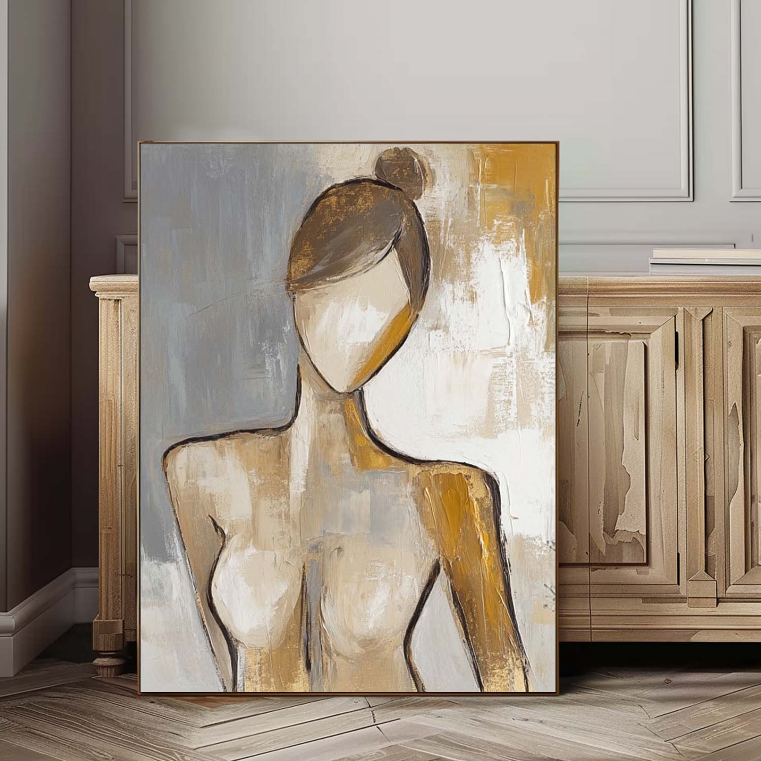 Original Contemporary Woman Wall Art Abstract Lady Artwork Large Character Outline Acrylic Painting Framed