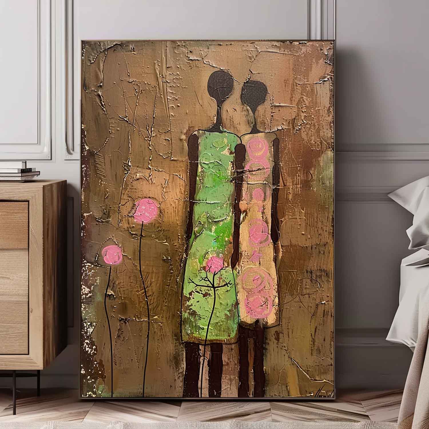 Original Colorful Silhouettes Wall Art Cute Brown Large Figure Painting Abstract Artwork For Living Room