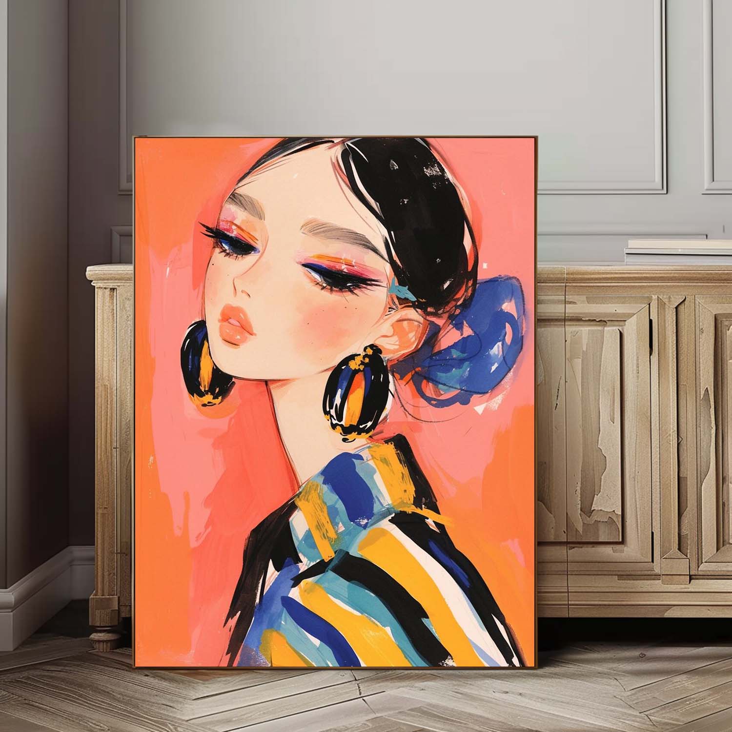 Cartoon Character Painting Framed Artwork Large Fgure Acrylic Painting Cute Girl Original Abstract Wall Art