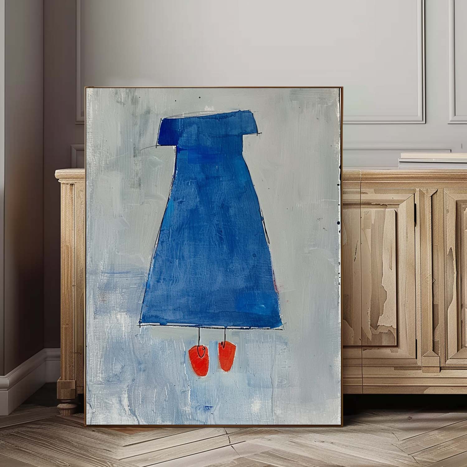 Abstract Dark Aesthetic Canvas Oil Painting Large Vintage Blue Skirt Wall Art Original Minimalist Artwork